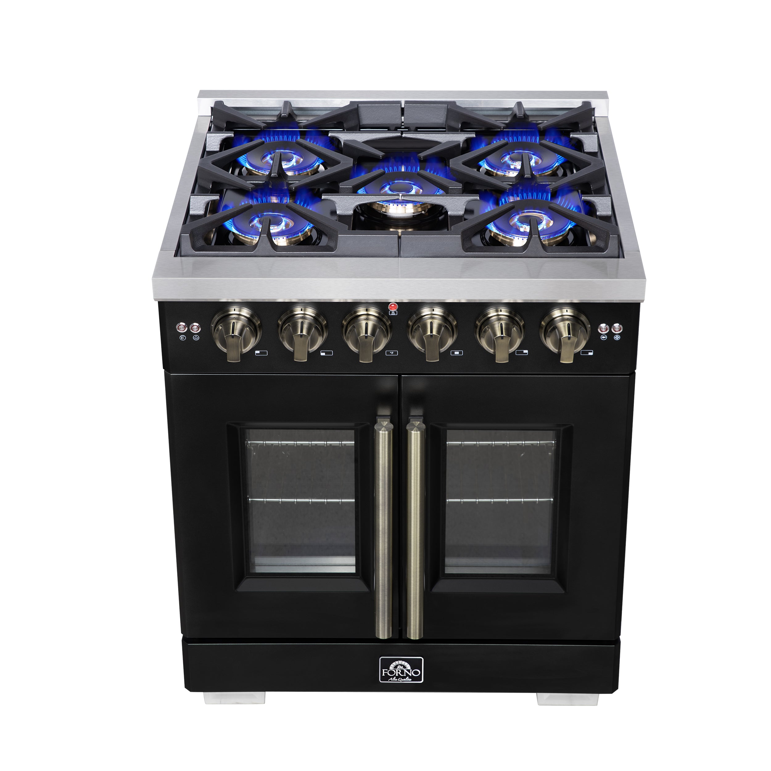 Forno Capriasca 30 in. 4.32 cu. ft. 5-Burner Black French Door Gas Range with Antique brass Accents | FFSGS6460-30BLK
