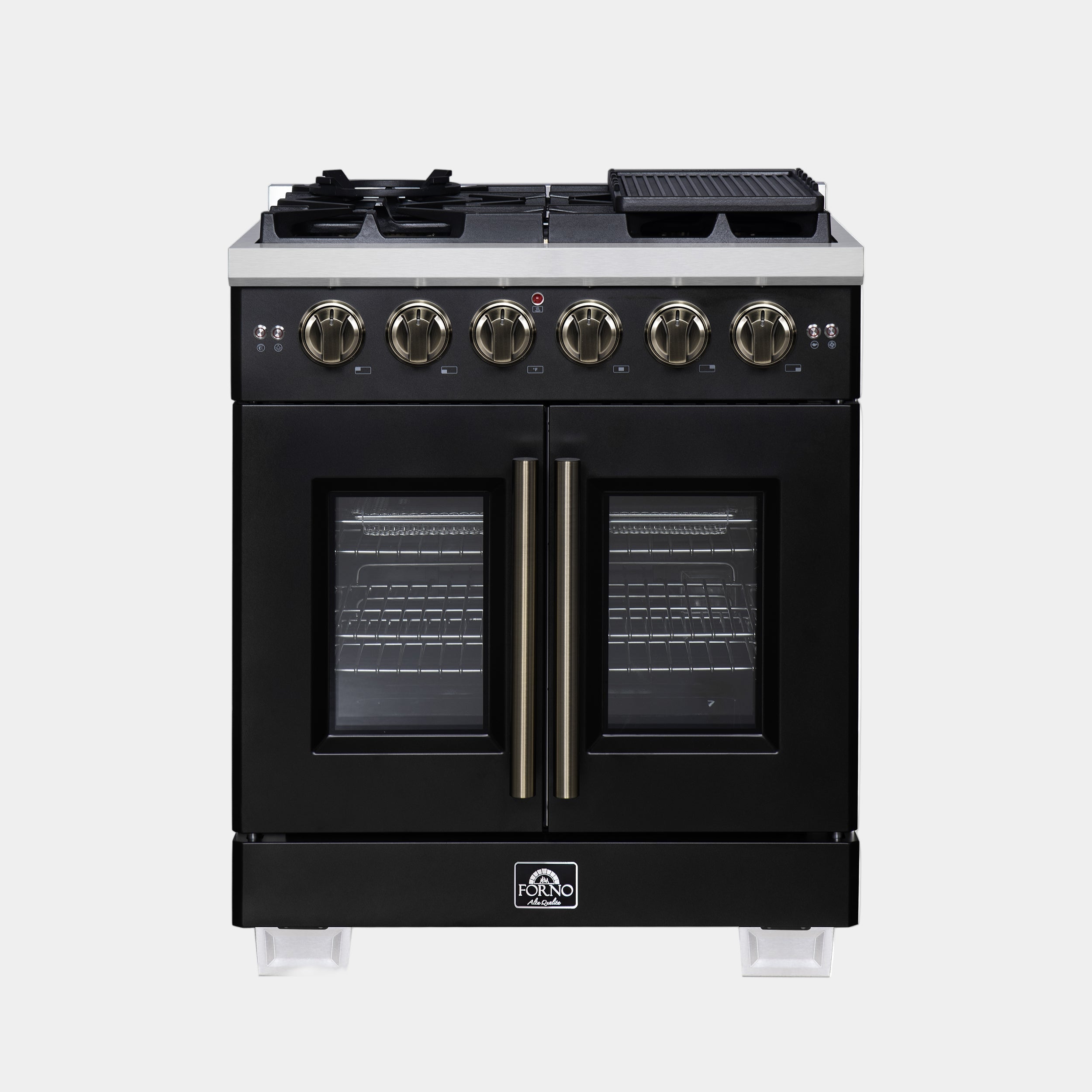 Forno Capriasca 30 in. 4.32 cu. ft. 5-Burner Black French Door Gas Range with Antique brass Accents | FFSGS6460-30BLK