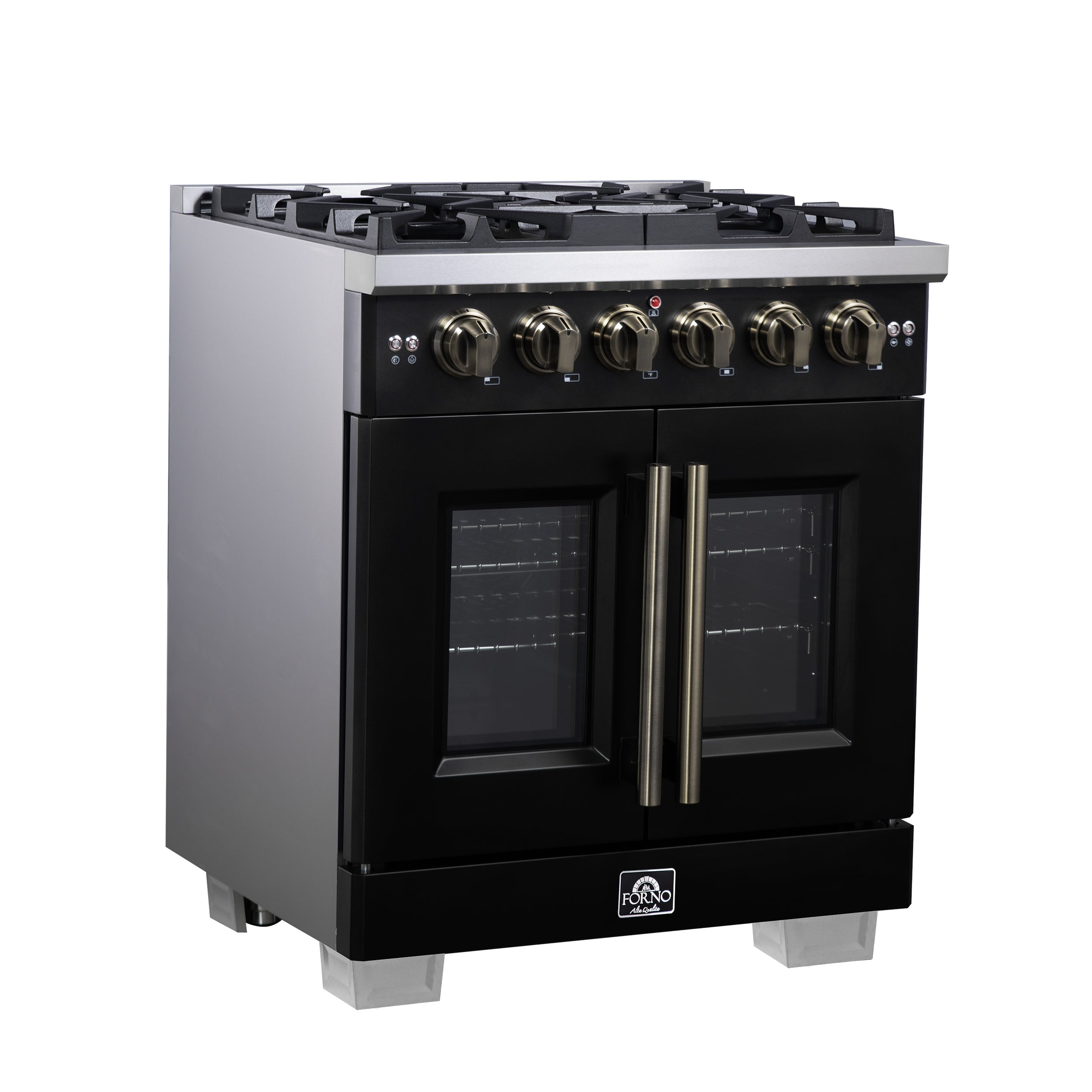 Forno Capriasca 30 in. 4.32 cu. ft. 5-Burner Black French Door Gas Range with Antique brass Accents | FFSGS6460-30BLK