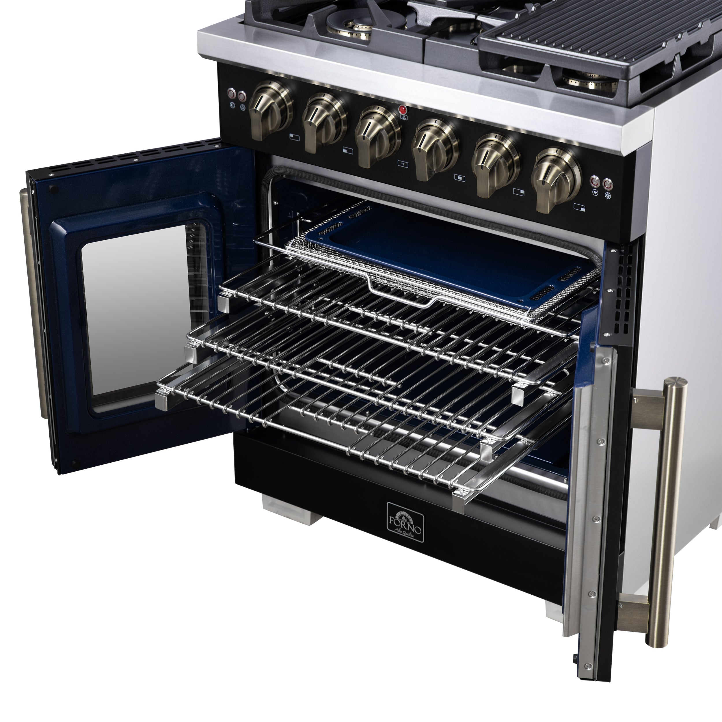 Forno Capriasca 30 in. 4.32 cu. ft. 5-Burner Black French Door Gas Range with Antique brass Accents | FFSGS6460-30BLK