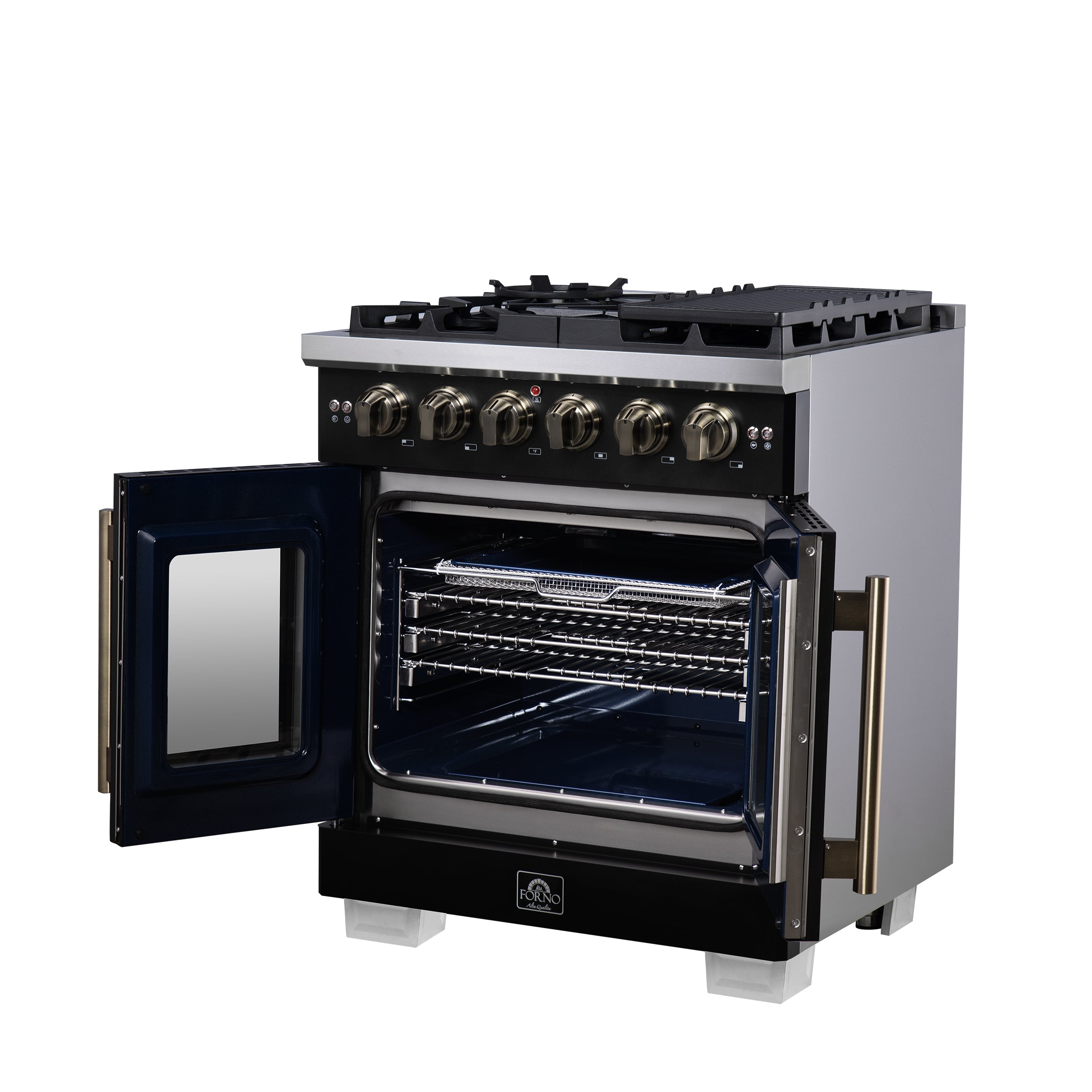 Forno Capriasca 30 in. 4.32 cu. ft. 5-Burner Black French Door Gas Range with Antique brass Accents | FFSGS6460-30BLK