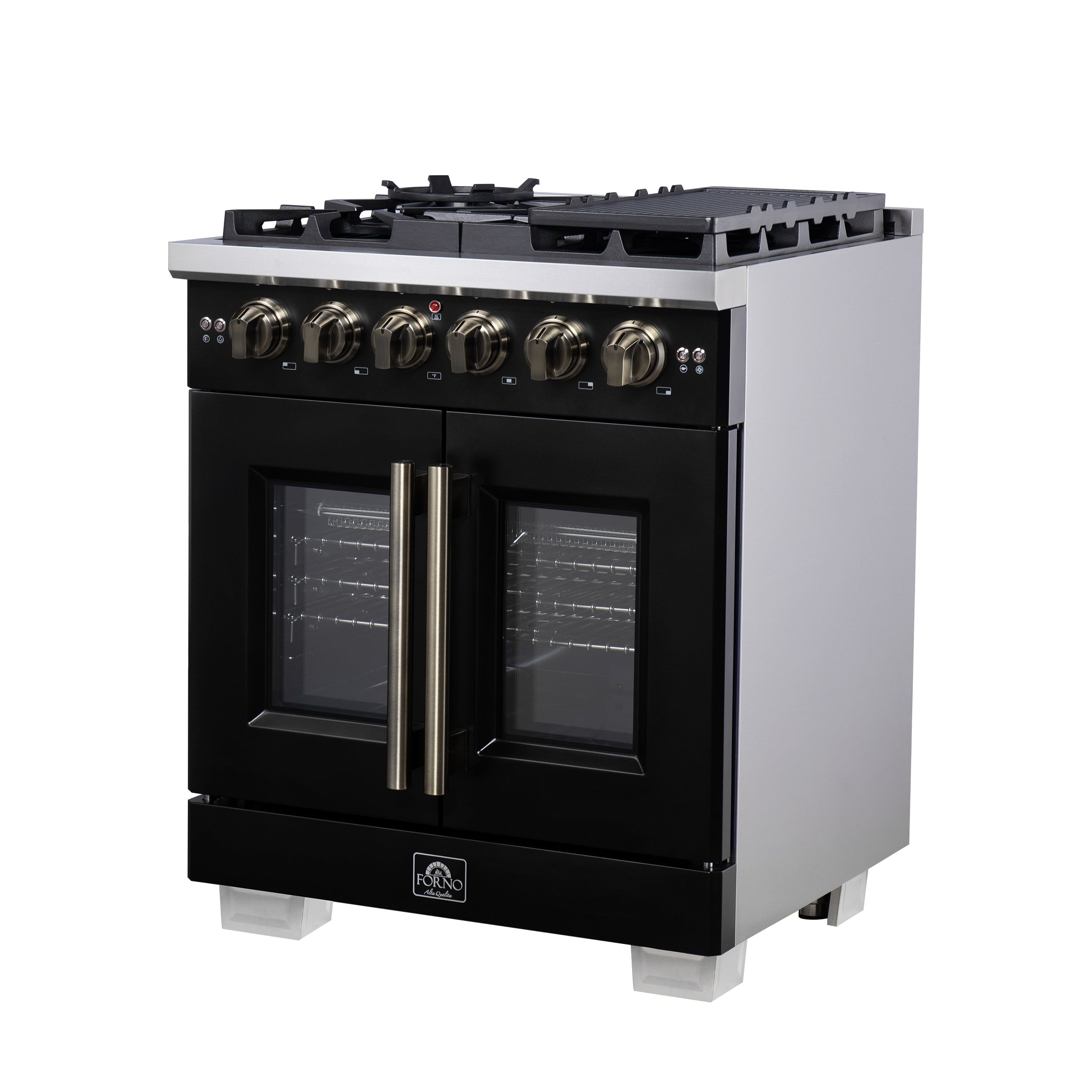 Forno Capriasca 30 in. 4.32 cu. ft. 5-Burner Black French Door Gas Range with Antique brass Accents | FFSGS6460-30BLK