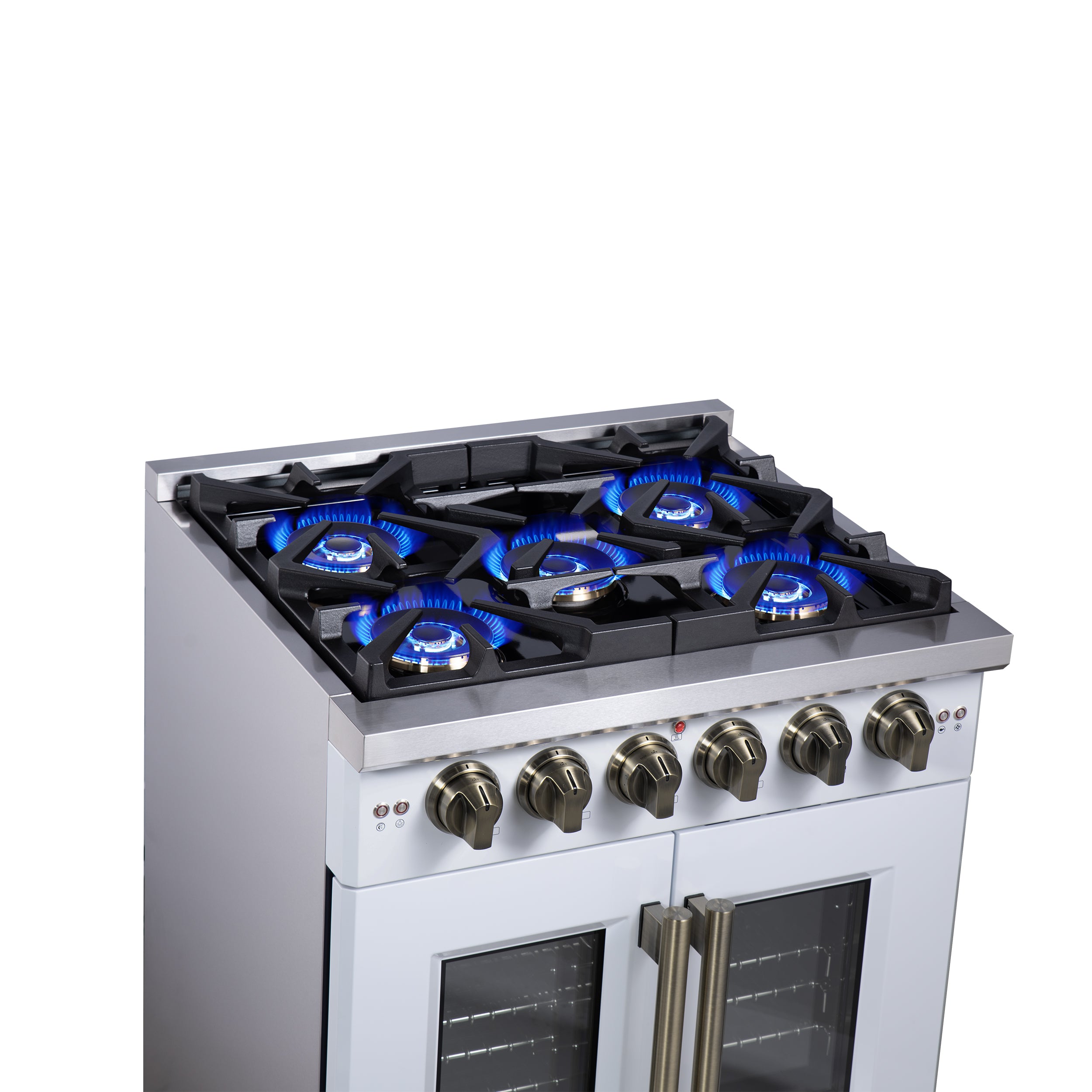 Forno Capriasca 30 in. 4.32 cu. ft. 5-Burner White French Door Gas Range with Antique brass Accents | FFSGS6460-30WHT