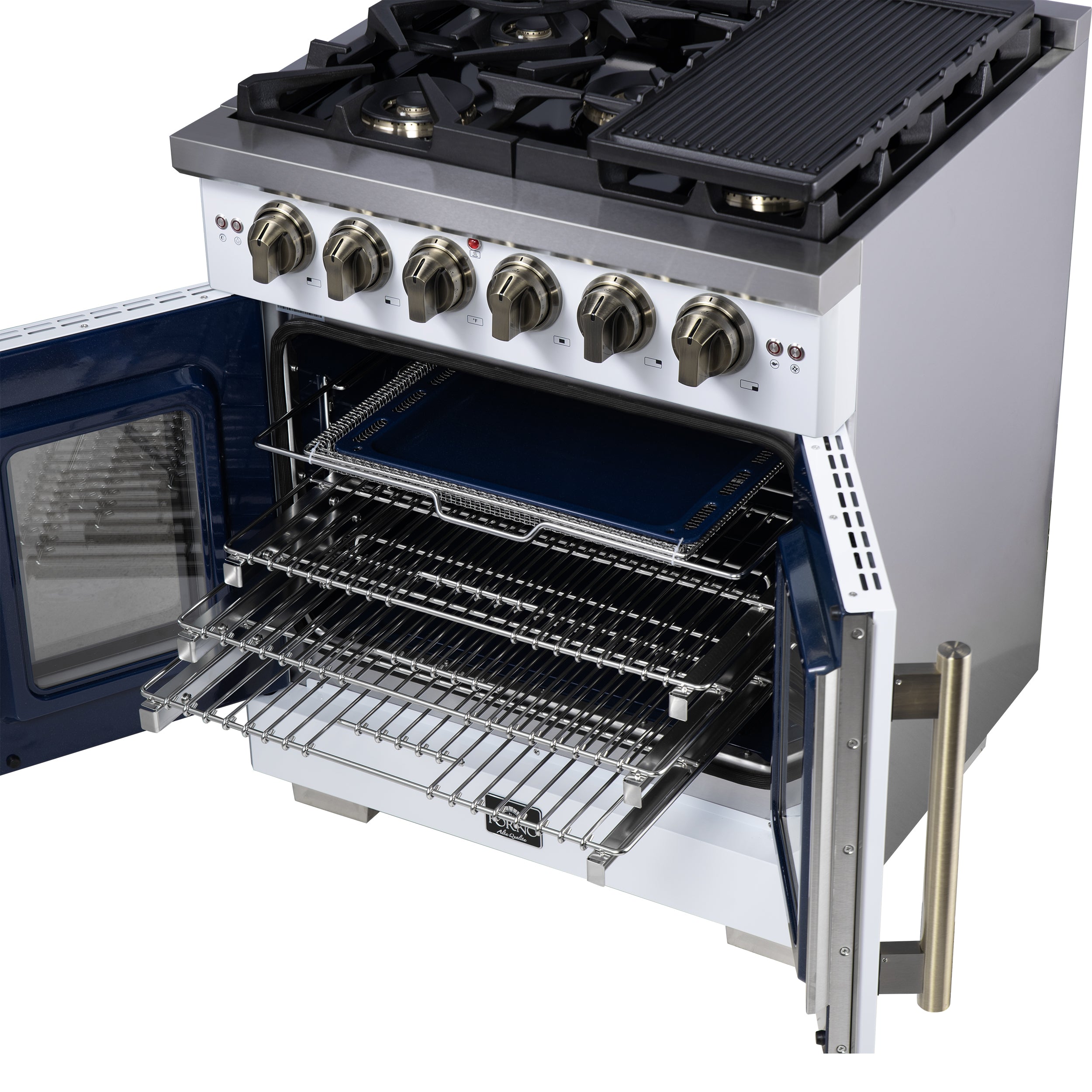 Forno Capriasca 30 in. 4.32 cu. ft. 5-Burner White French Door Gas Range with Antique brass Accents | FFSGS6460-30WHT