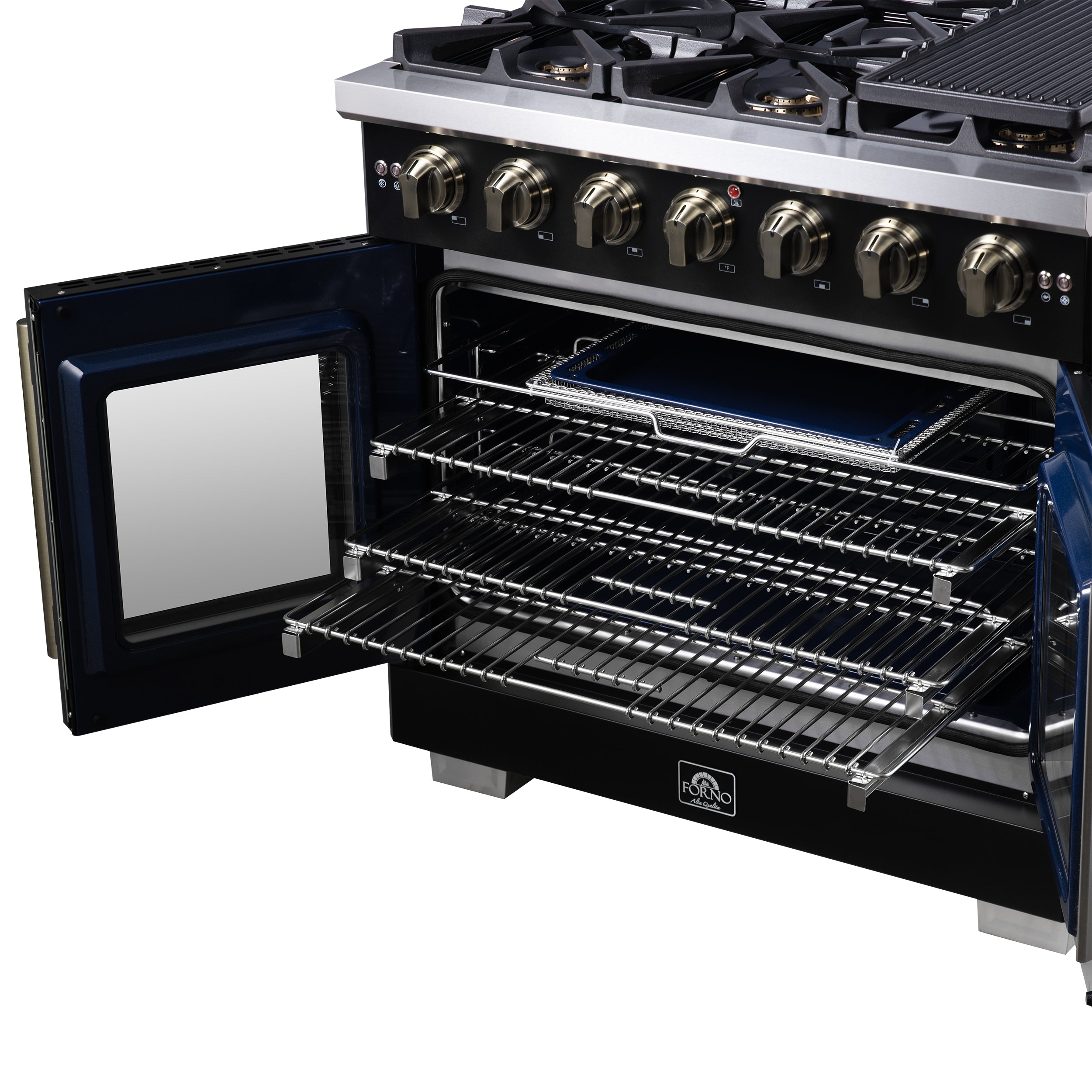 Forno Capriasca 36 in. 5.36 cu. ft. 6-Burner Black French Door Gas Range with Antique brass Accents | FFSGS6460-36BLK