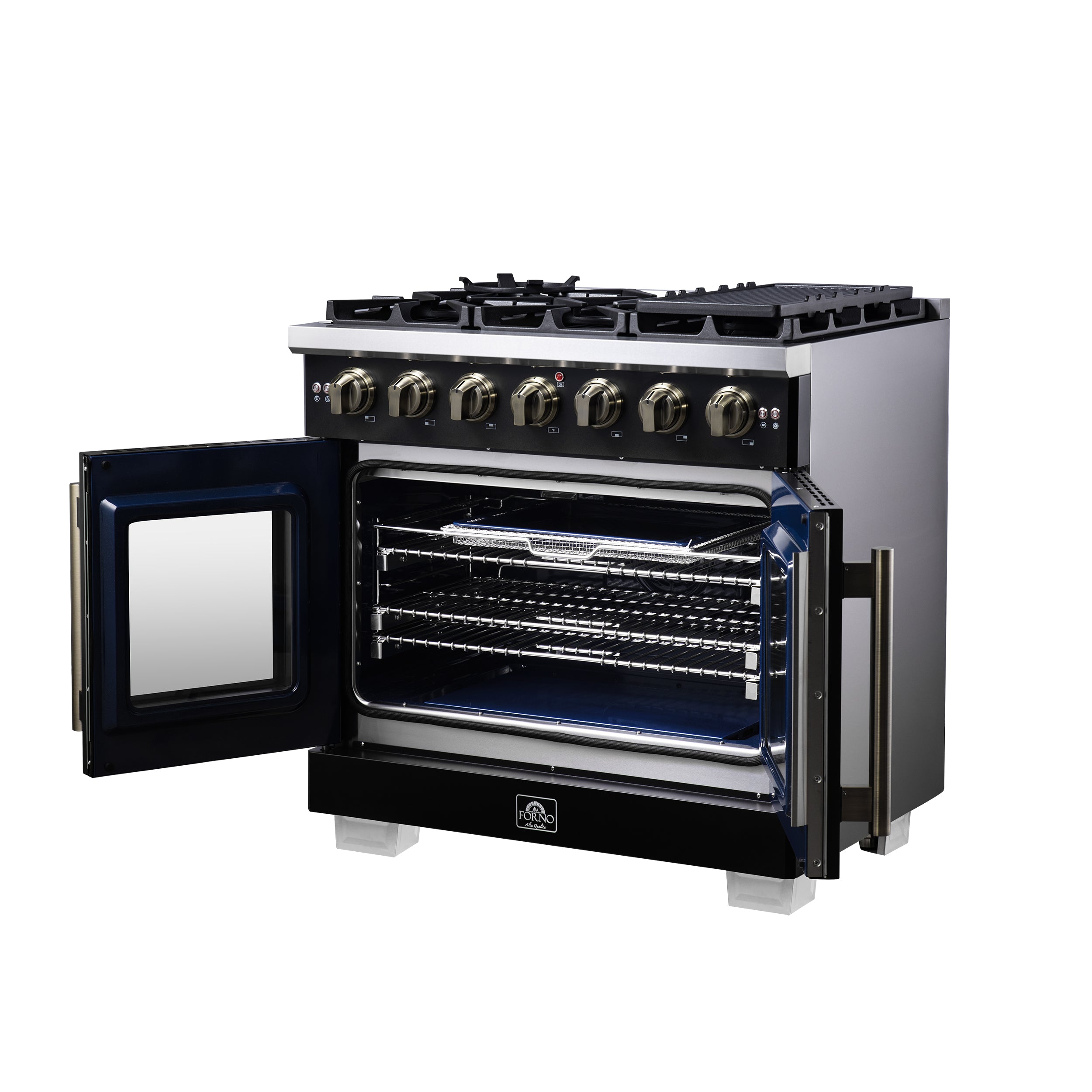 Forno Capriasca 36 in. 5.36 cu. ft. 6-Burner Black French Door Gas Range with Antique brass Accents | FFSGS6460-36BLK