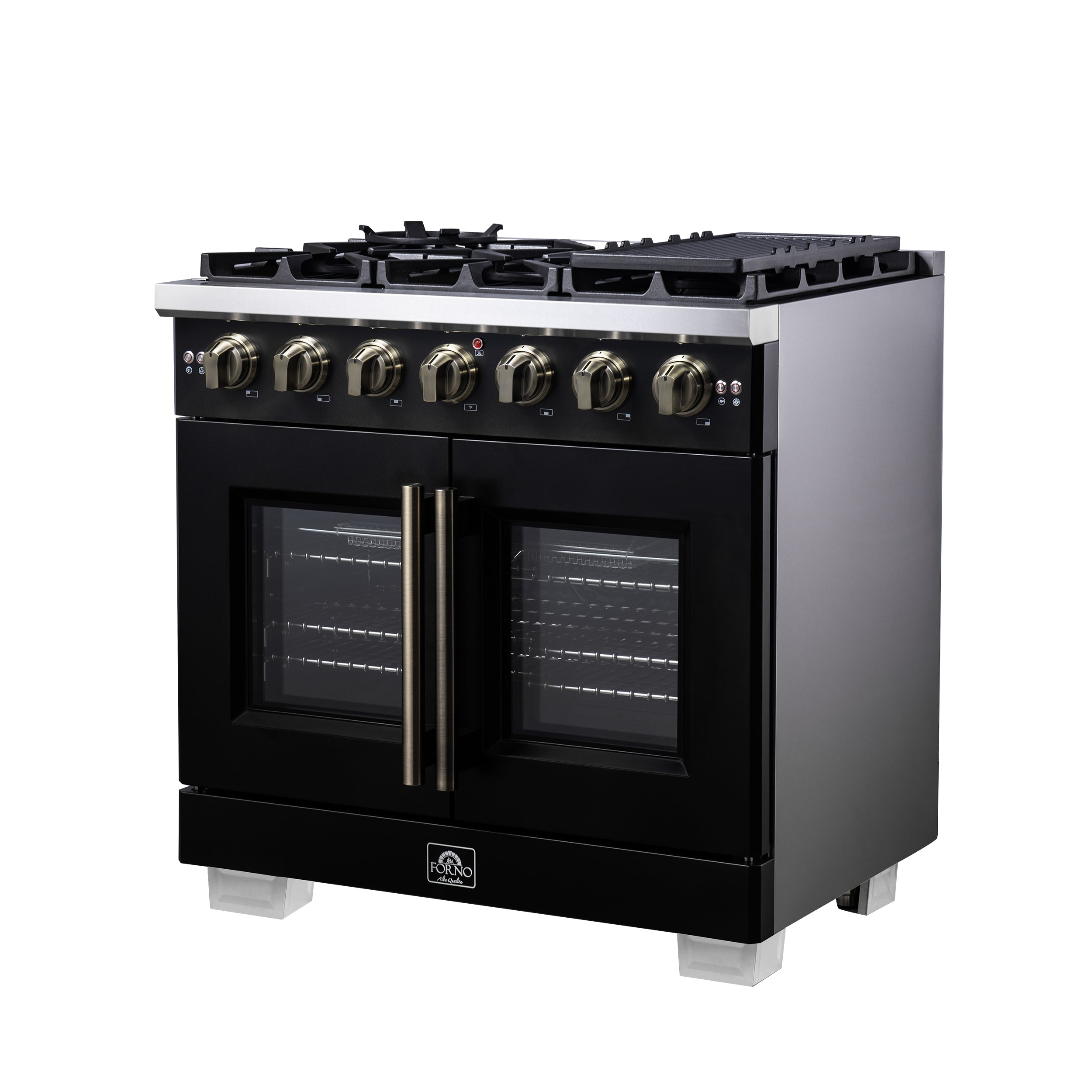 Forno Capriasca 36 in. 5.36 cu. ft. 6-Burner Black French Door Gas Range with Antique brass Accents | FFSGS6460-36BLK
