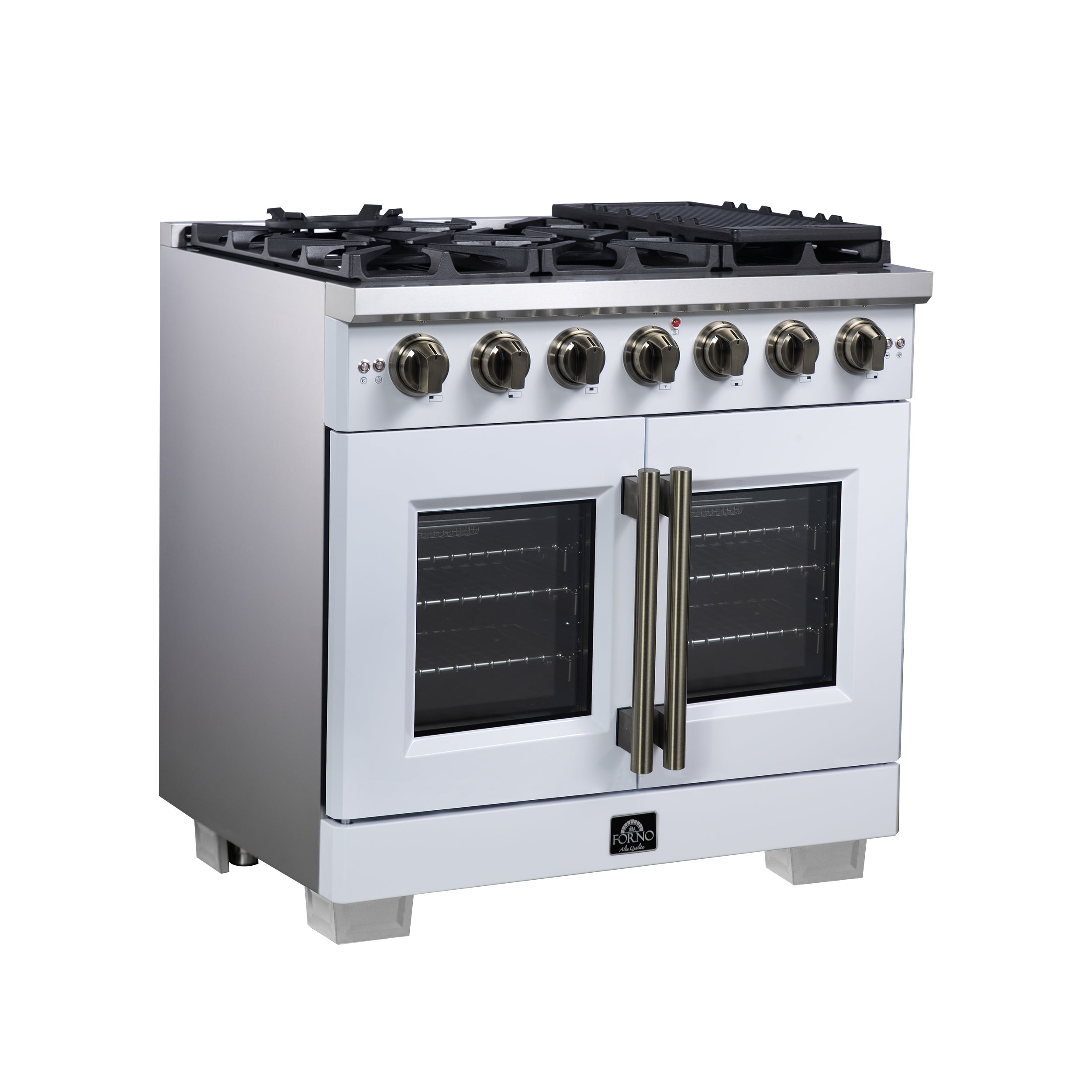 Forno Capriasca 36 in. 5.36 cu. ft. 6-Burner White French Door Gas Range with Antique brass Accents | FFSGS6460-36WHT