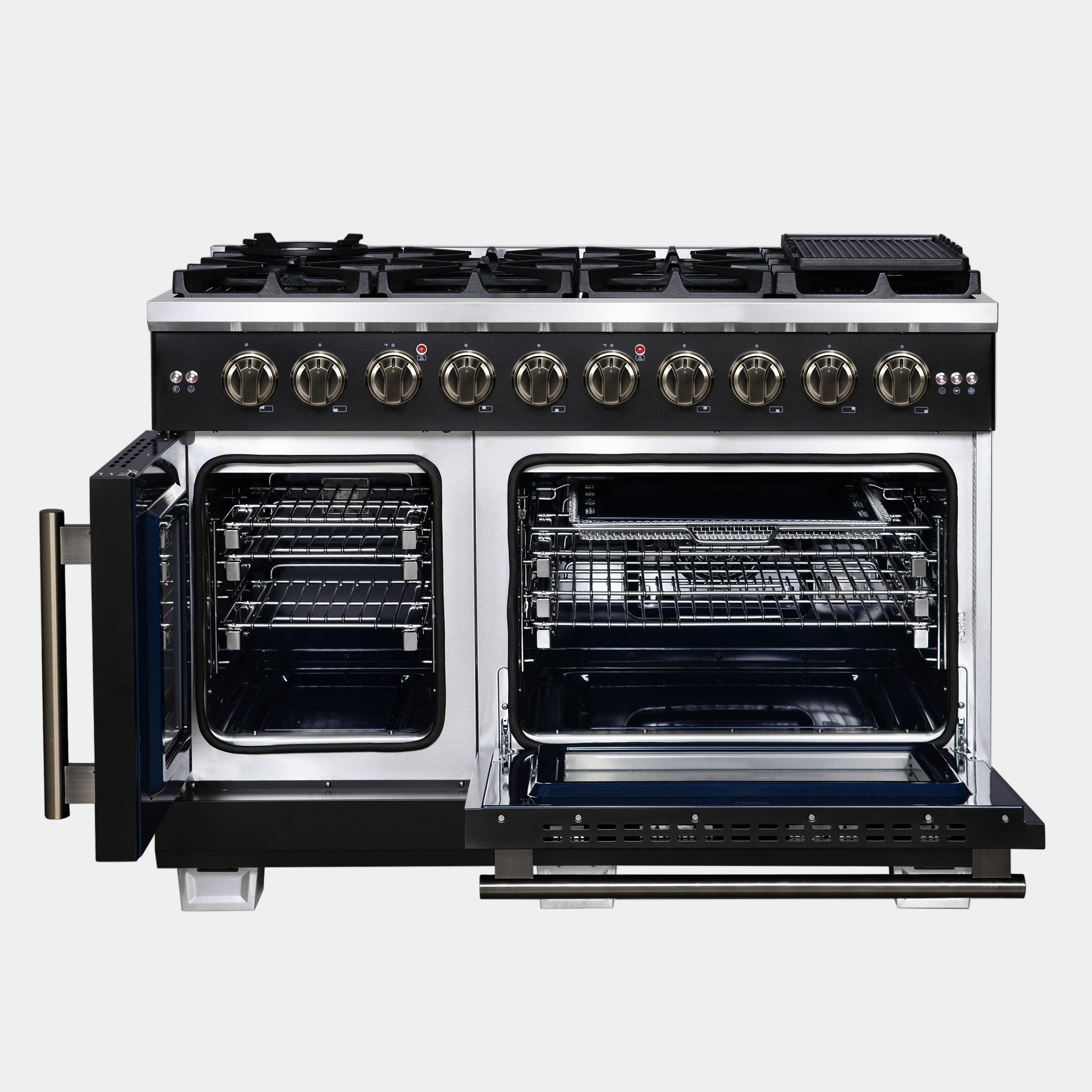Forno Capriasca 48-Inch Black Freestanding French Door Gas Range, 8 Burners, Convection Oven, Energy Efficient