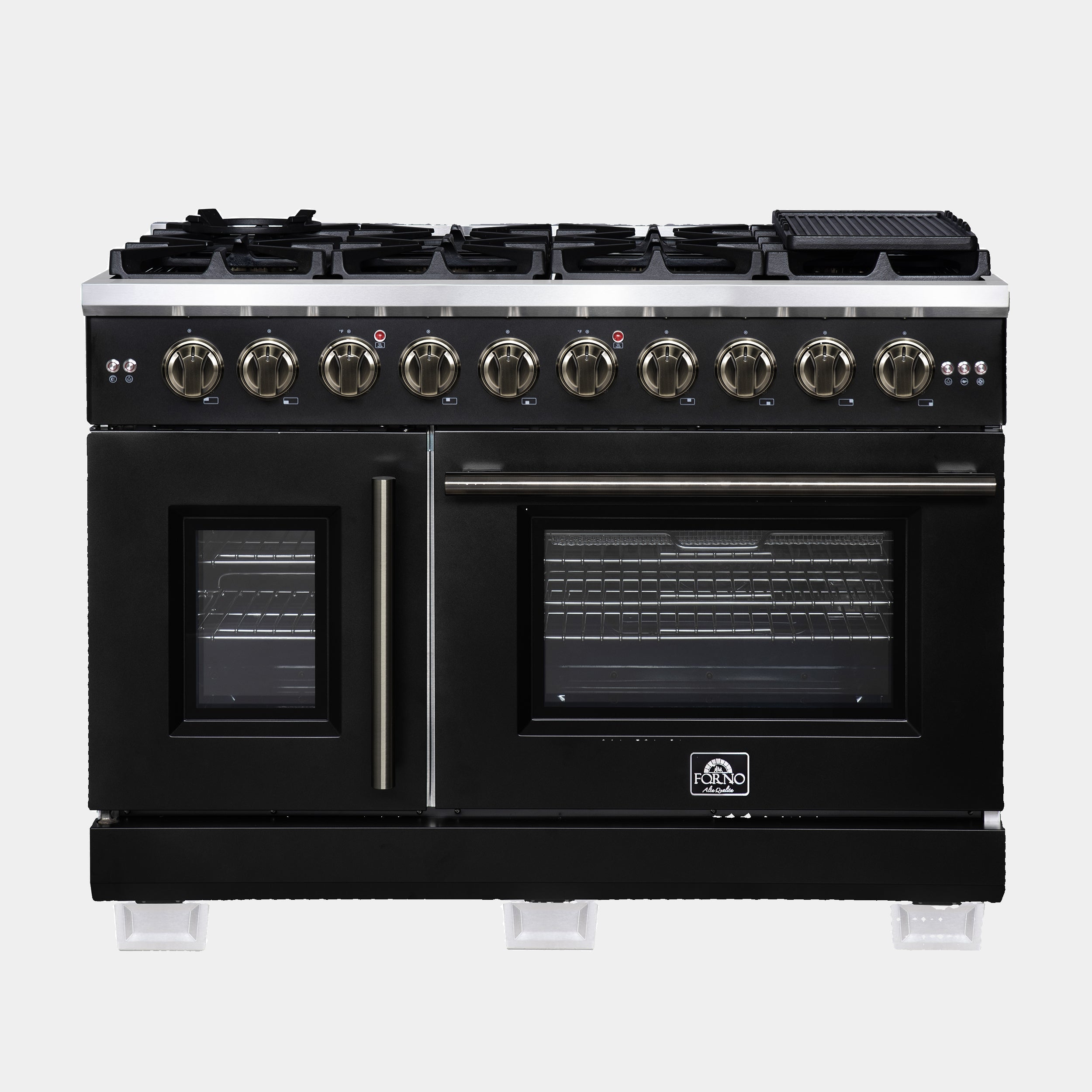 Forno Capriasca 48-Inch Black Freestanding French Door Gas Range, 8 Burners, Convection Oven, Energy Efficient