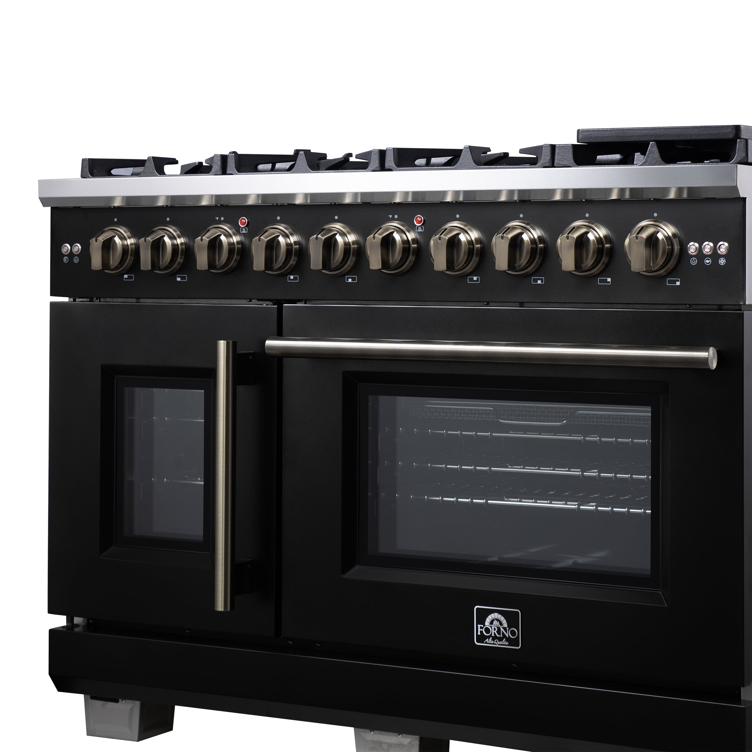 Forno Capriasca 48-Inch Black Freestanding French Door Gas Range, 8 Burners, Convection Oven, Energy Efficient