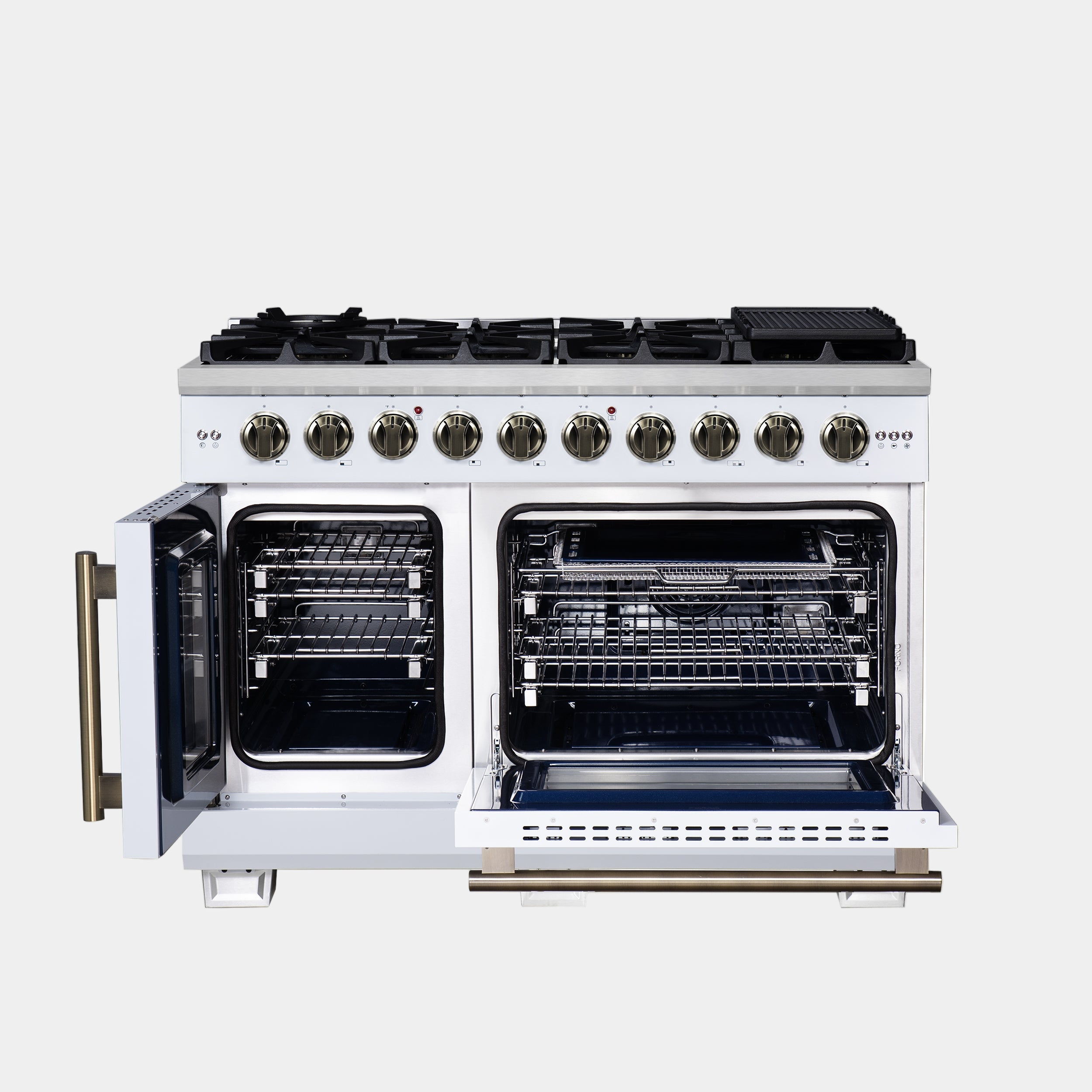 Forno Capriasca 48-Inch White Freestanding French Door Gas Range, 8 Burners, Convection Oven, Energy Efficient