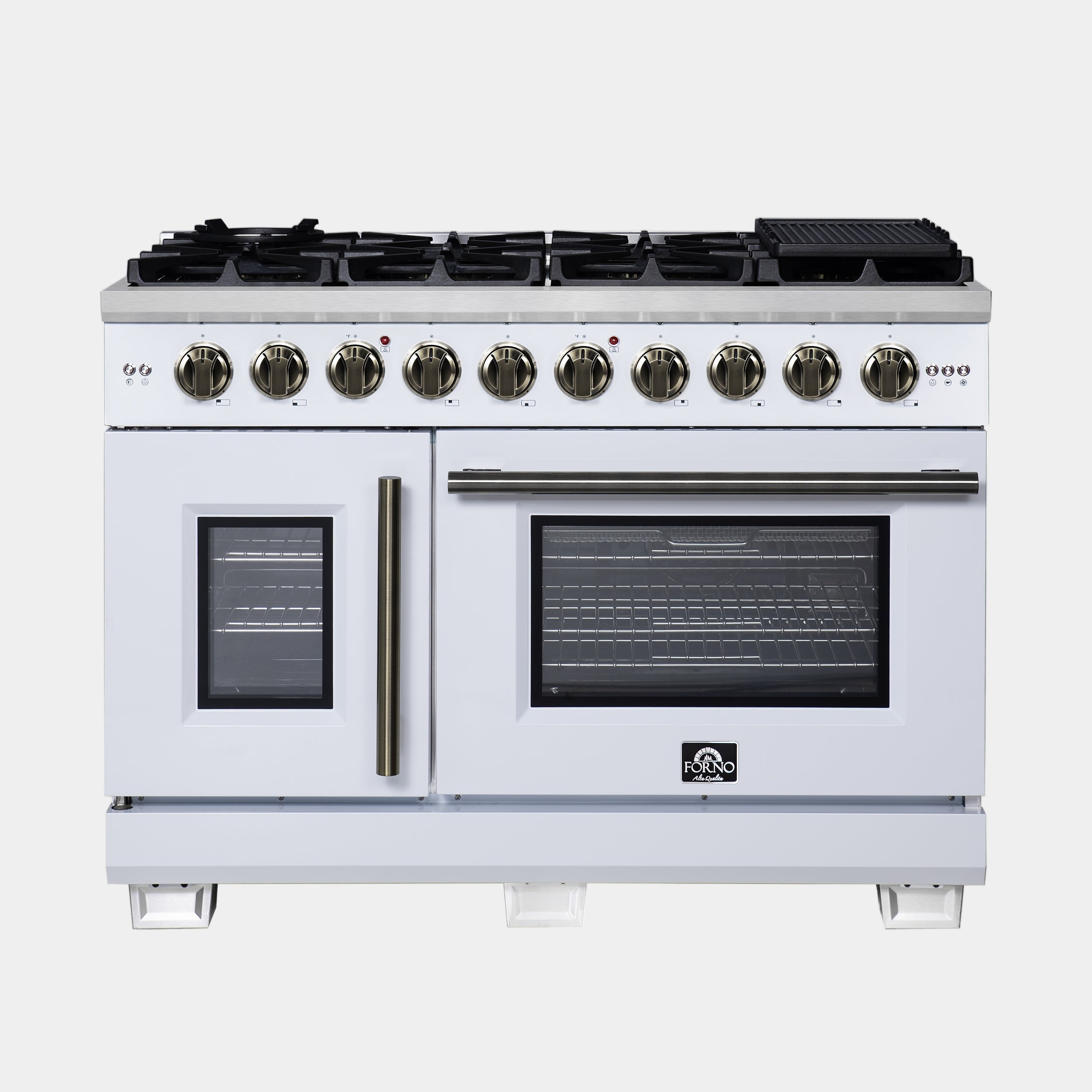 Forno Capriasca 48-Inch White Freestanding French Door Gas Range, 8 Burners, Convection Oven, Energy Efficient