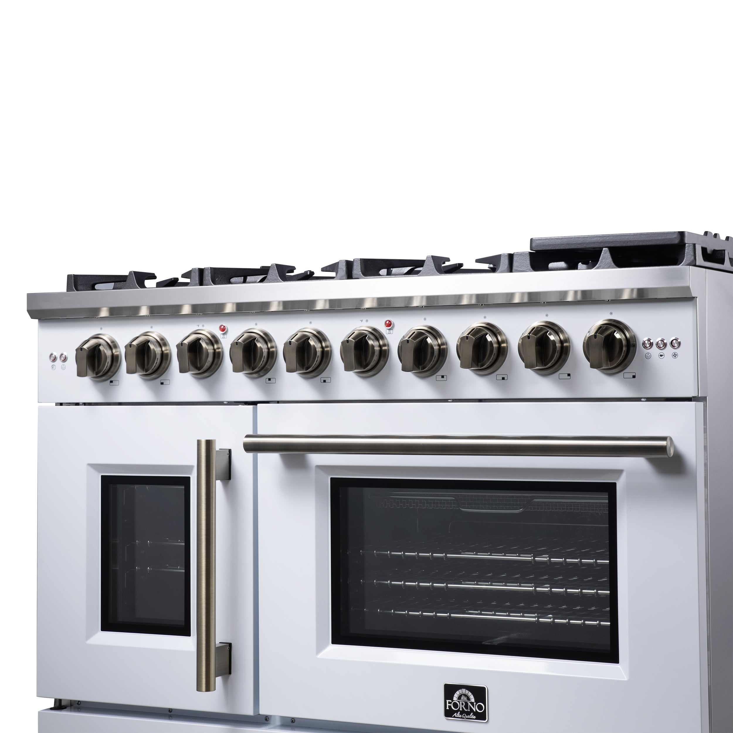 Forno Capriasca 48-Inch White Freestanding French Door Gas Range, 8 Burners, Convection Oven, Energy Efficient
