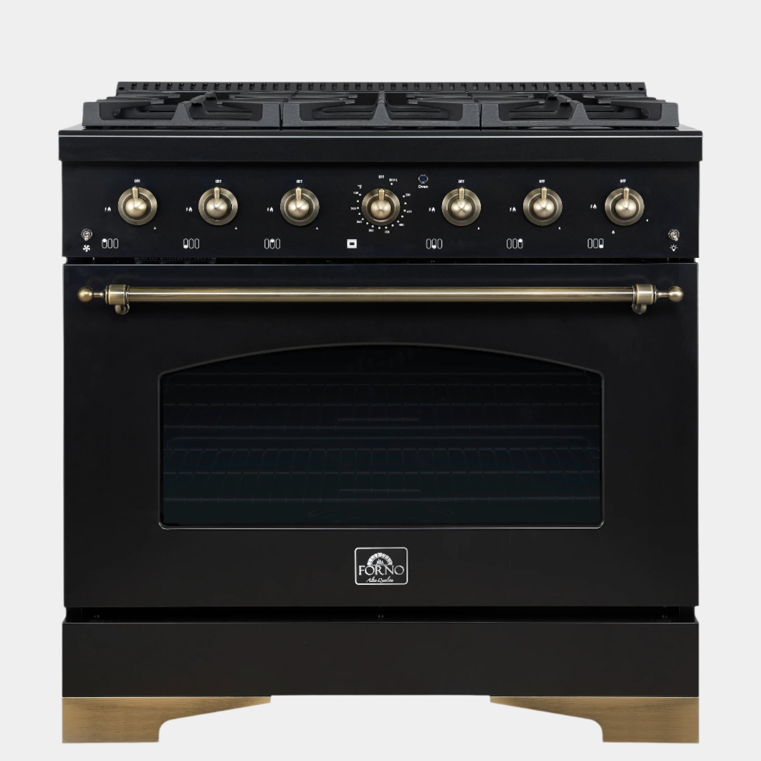 Forno Antico 36-Inch Freestanding Gas Range, Black, Antique Brass Design, 6 Burners, Convection Oven, Energy Efficient