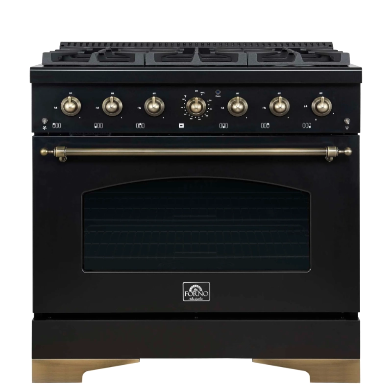 Forno Antico 36-Inch Freestanding Gas Range, Black, Antique Brass Design, 6 Burners, Convection Oven, Energy Efficient