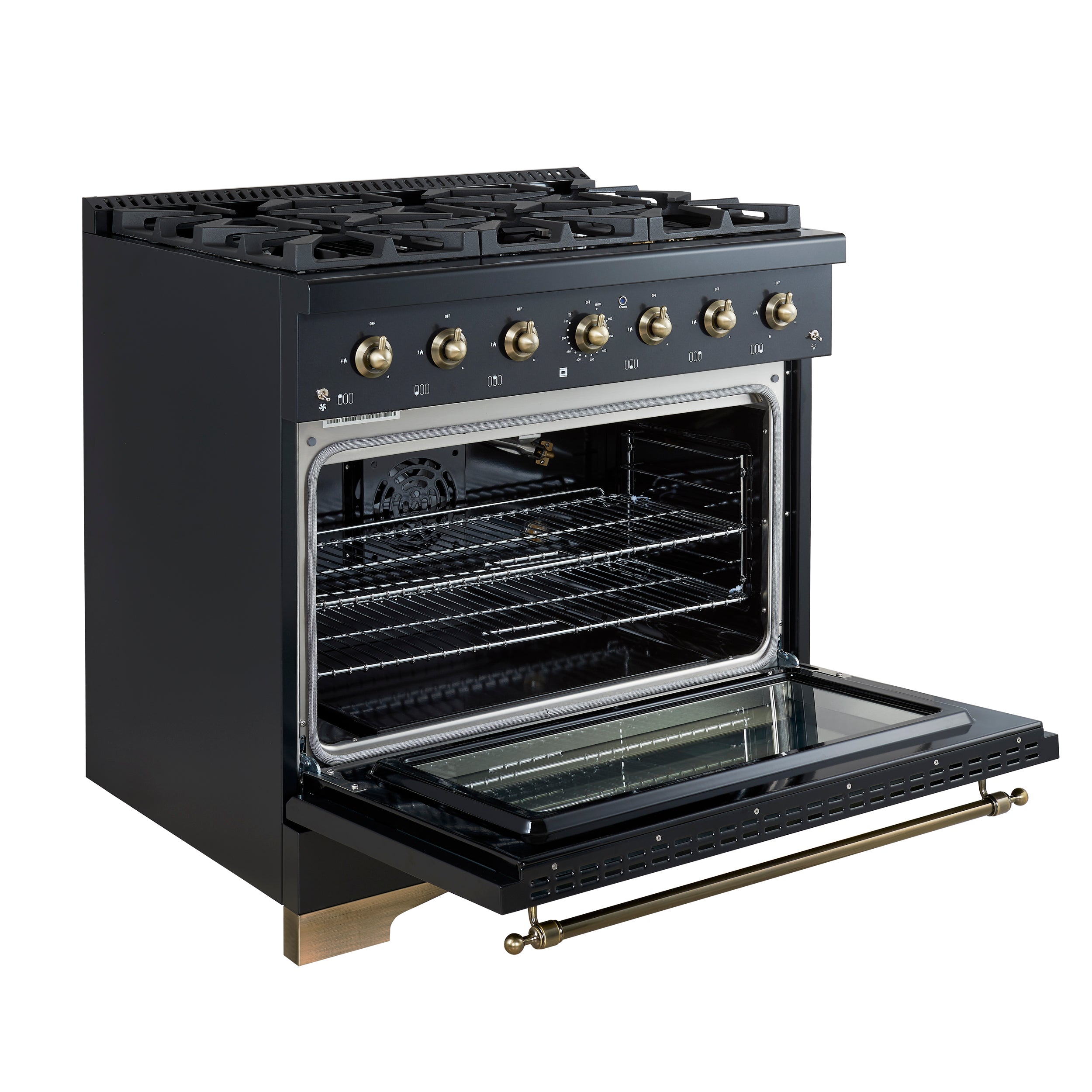 Forno Antico 36 in. 4.5 cu. ft. 6-Burner Black Gas Range with Antique Brass Accents | FFSGS6219-36BLK