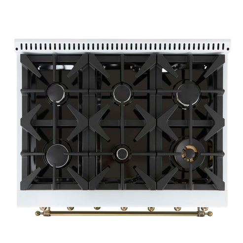 Forno Antico 36-Inch Freestanding Gas Range, White, Antique Brass Design, 6 Burners, Convection Oven, Energy Efficient