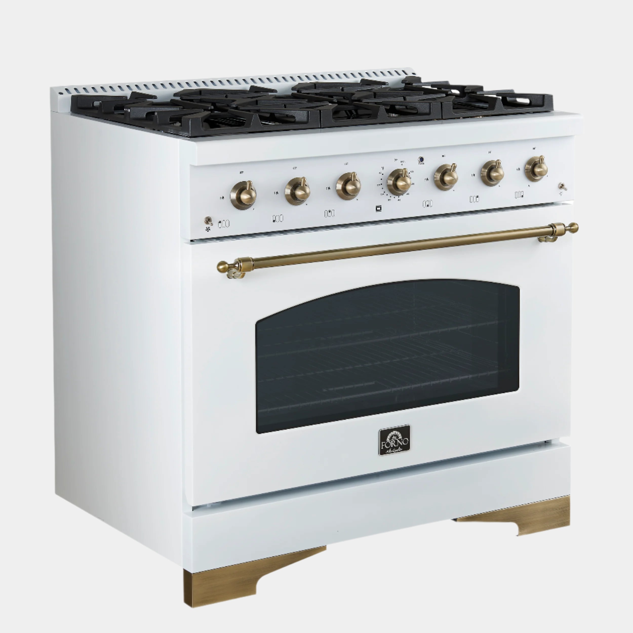 Forno Antico 36-Inch Freestanding Gas Range, White, Antique Brass Design, 6 Burners, Convection Oven, Energy Efficient
