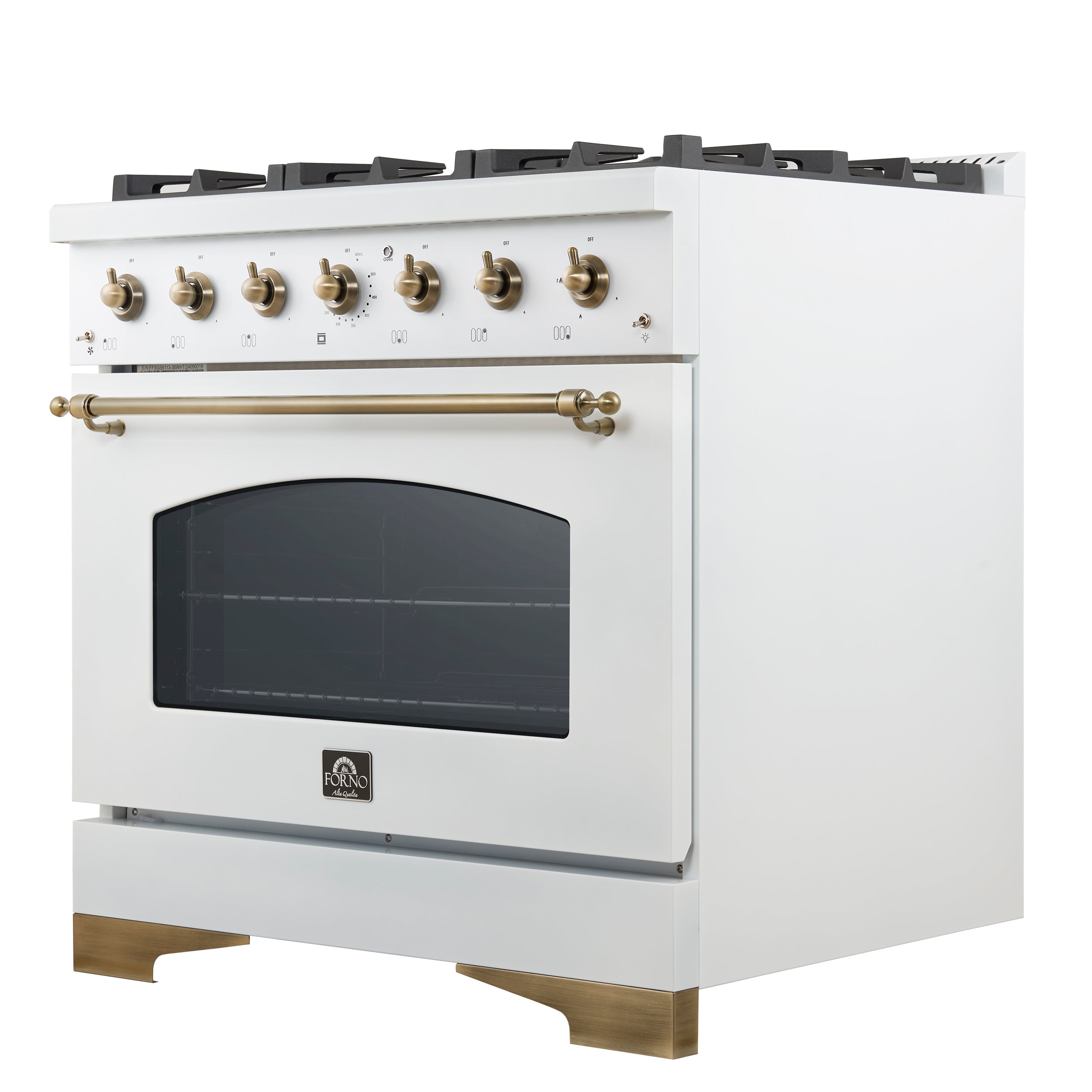 Forno Antico 36 in. 4.5 cu. ft. 6-Burner White Gas Range with Antique Brass Accents | FFSGS6219-36WHT