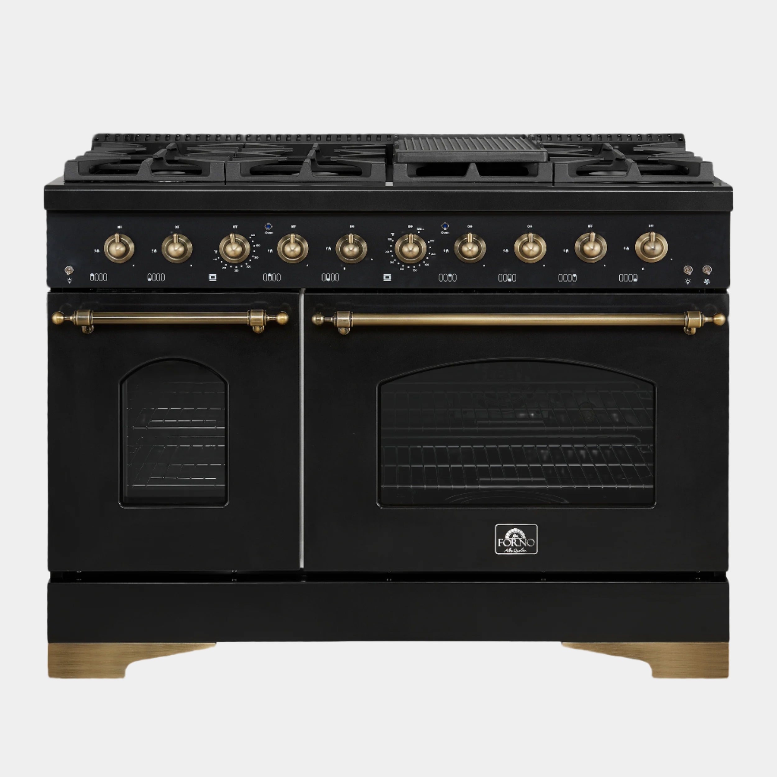 Forno Antico 48-Inch Freestanding Gas Range, Black, Antique Brass Design, 8 Burners, Griddle, Double Ovens, Energy Efficient