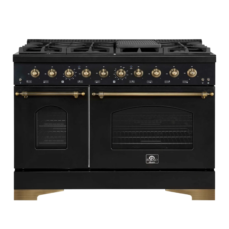 Forno Antico 48-Inch Freestanding Gas Range, Black, Antique Brass Design, 8 Burners, Griddle, Double Ovens, Energy Efficient