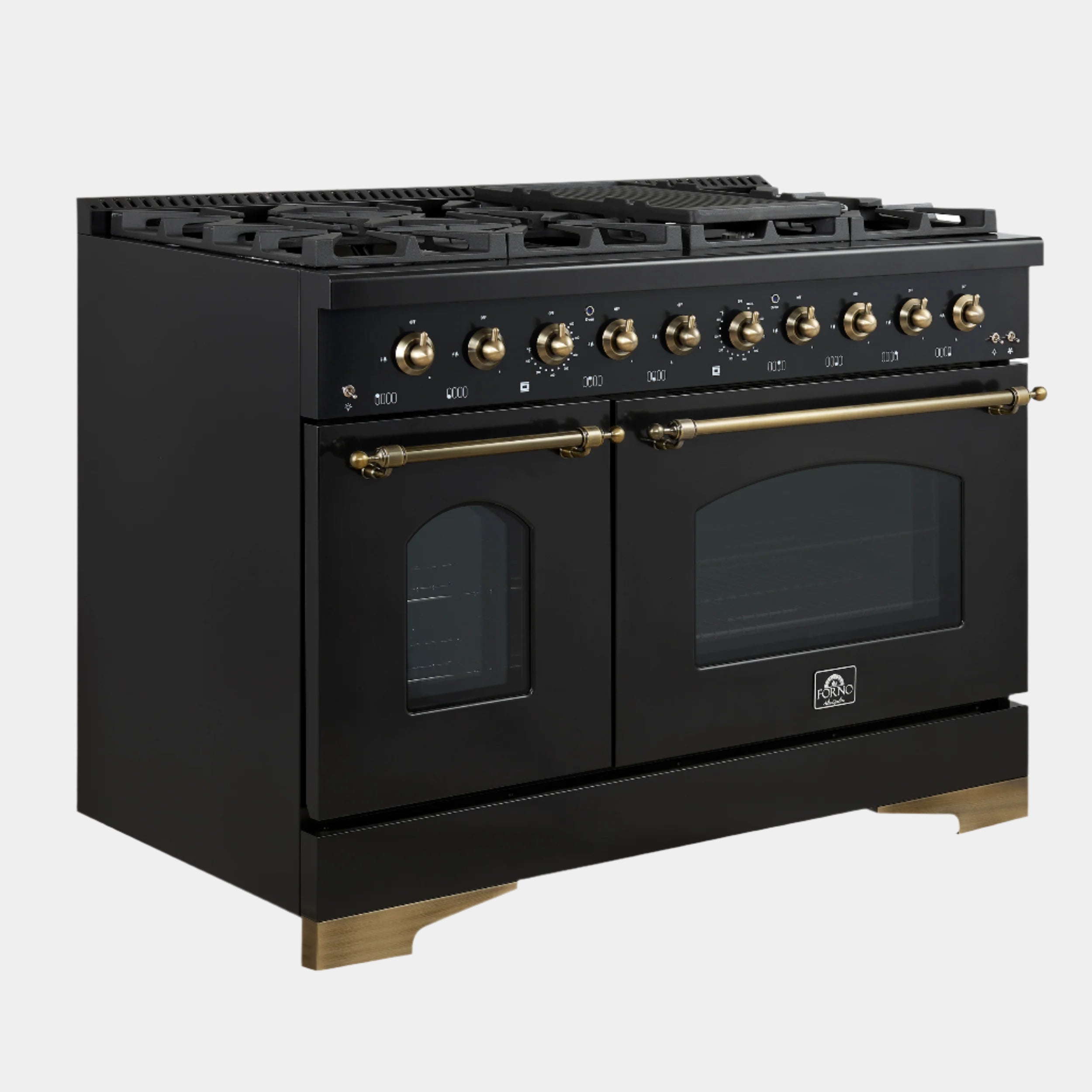 Forno Antico 48 in. 5.5 cu. ft. 8-Burner Black Gas Range with Antique Brass Accents | FFSGS6219-48BLK