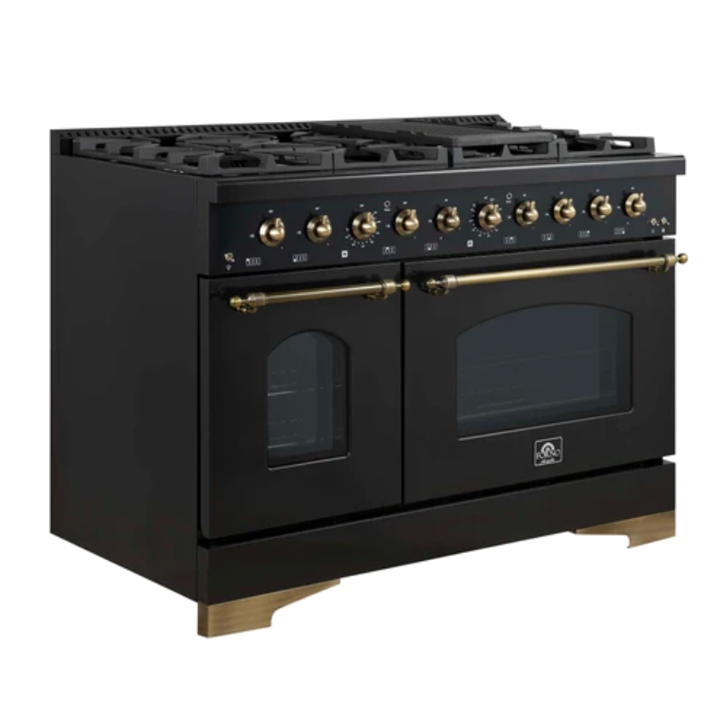 Forno Antico 48-Inch Freestanding Gas Range, Black, Antique Brass Design, 8 Burners, Griddle, Double Ovens, Energy Efficient