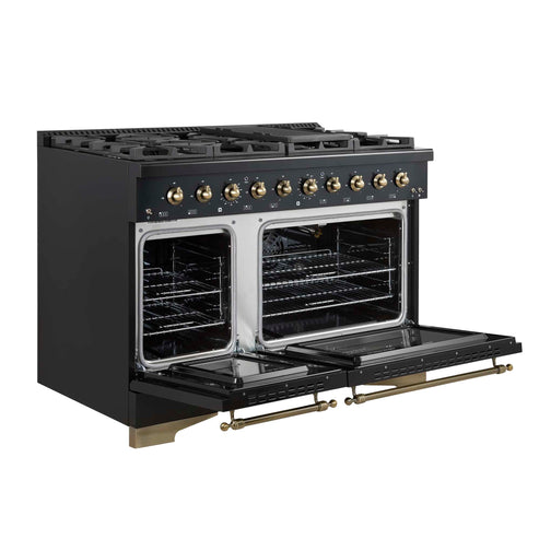 Forno Antico 48-Inch Freestanding Gas Range, Black, Antique Brass Design, 8 Burners, Griddle, Double Ovens, Energy Efficient
