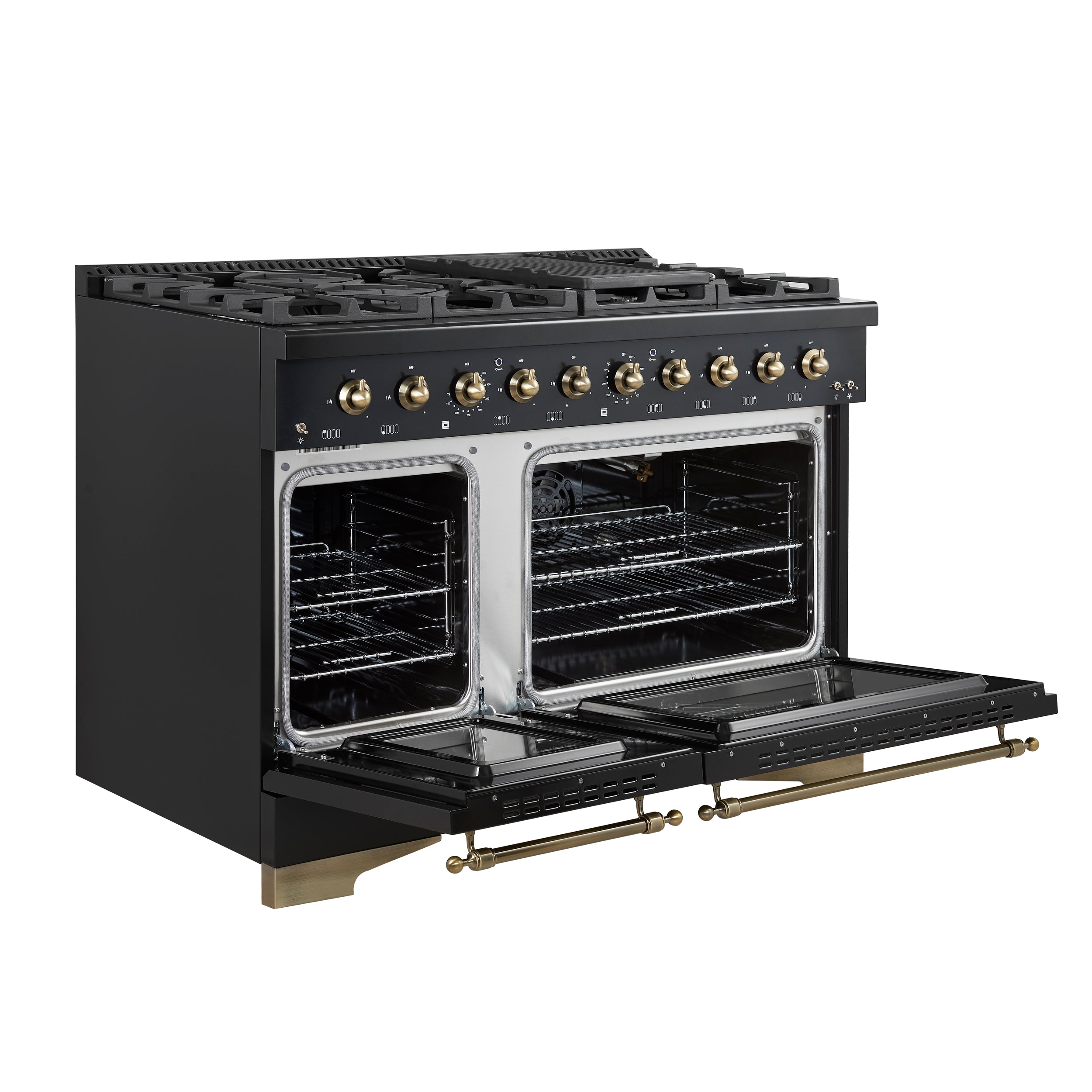 Forno Antico 48 in. 5.5 cu. ft. 8-Burner Black Gas Range with Antique Brass Accents | FFSGS6219-48BLK