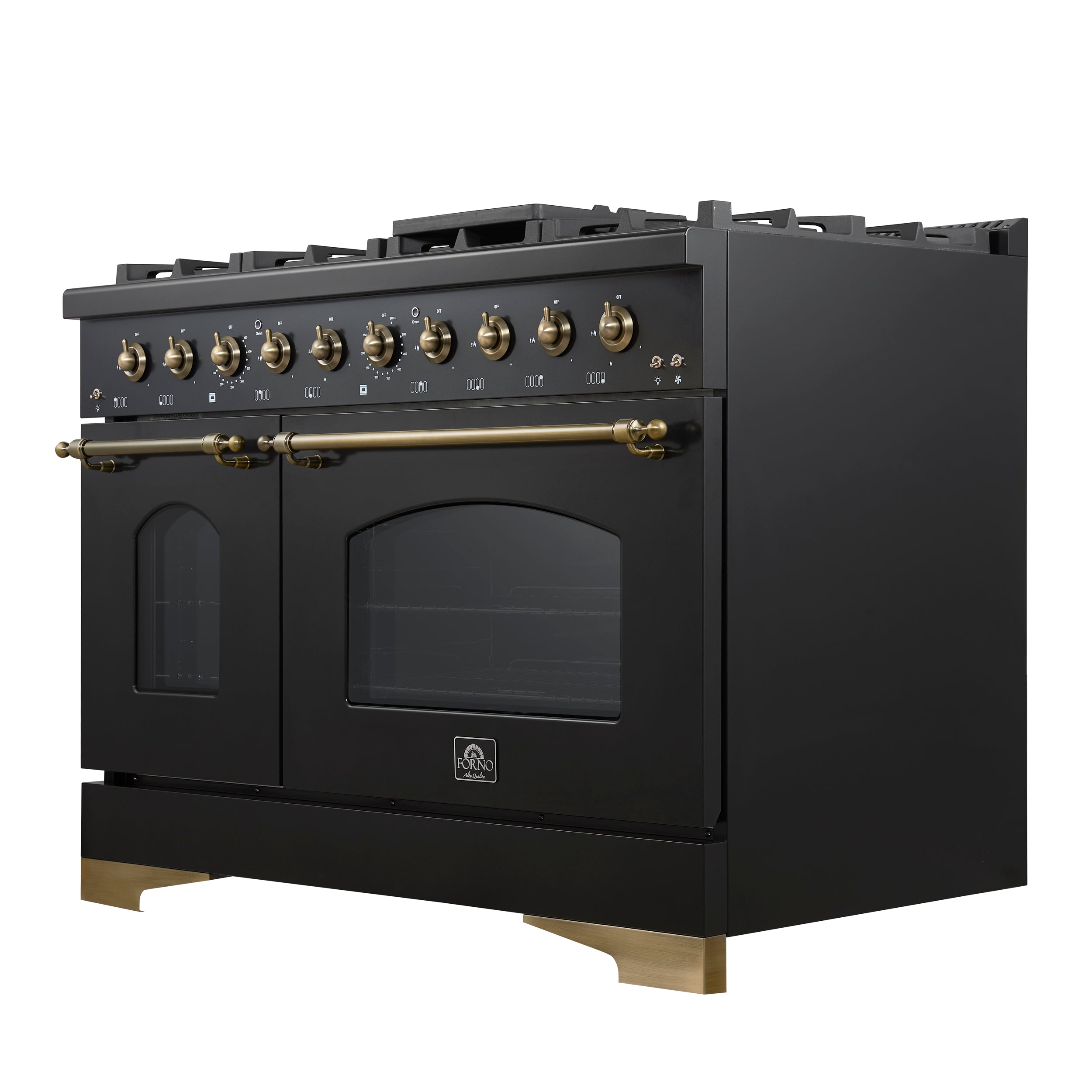 Forno Antico 48 in. 5.5 cu. ft. 8-Burner Black Gas Range with Antique Brass Accents | FFSGS6219-48BLK