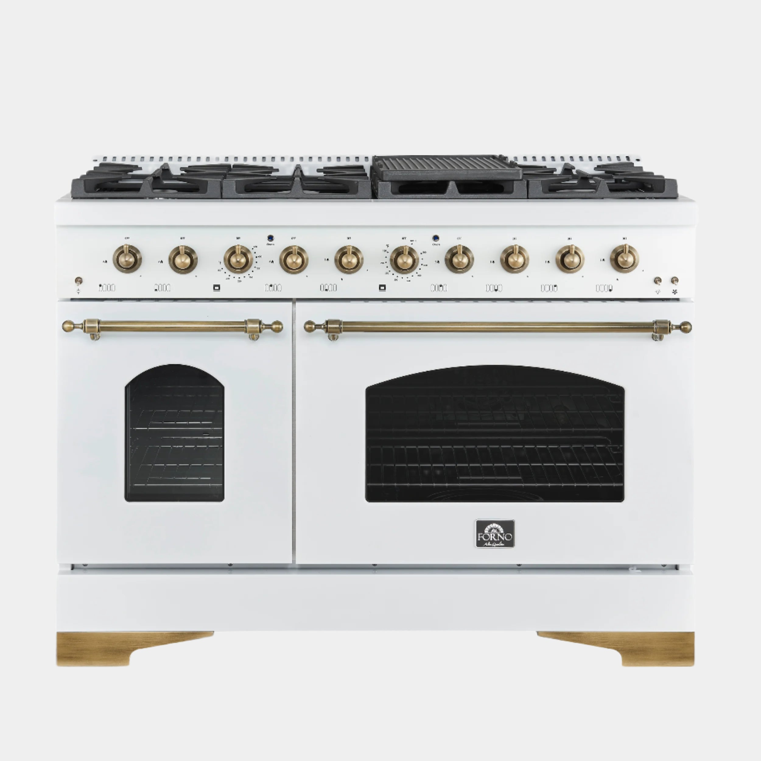 Forno Antico 48-Inch Freestanding Gas Range, White, Antique Brass Design, 8 Burners, Griddle, Double Ovens, Energy Efficient