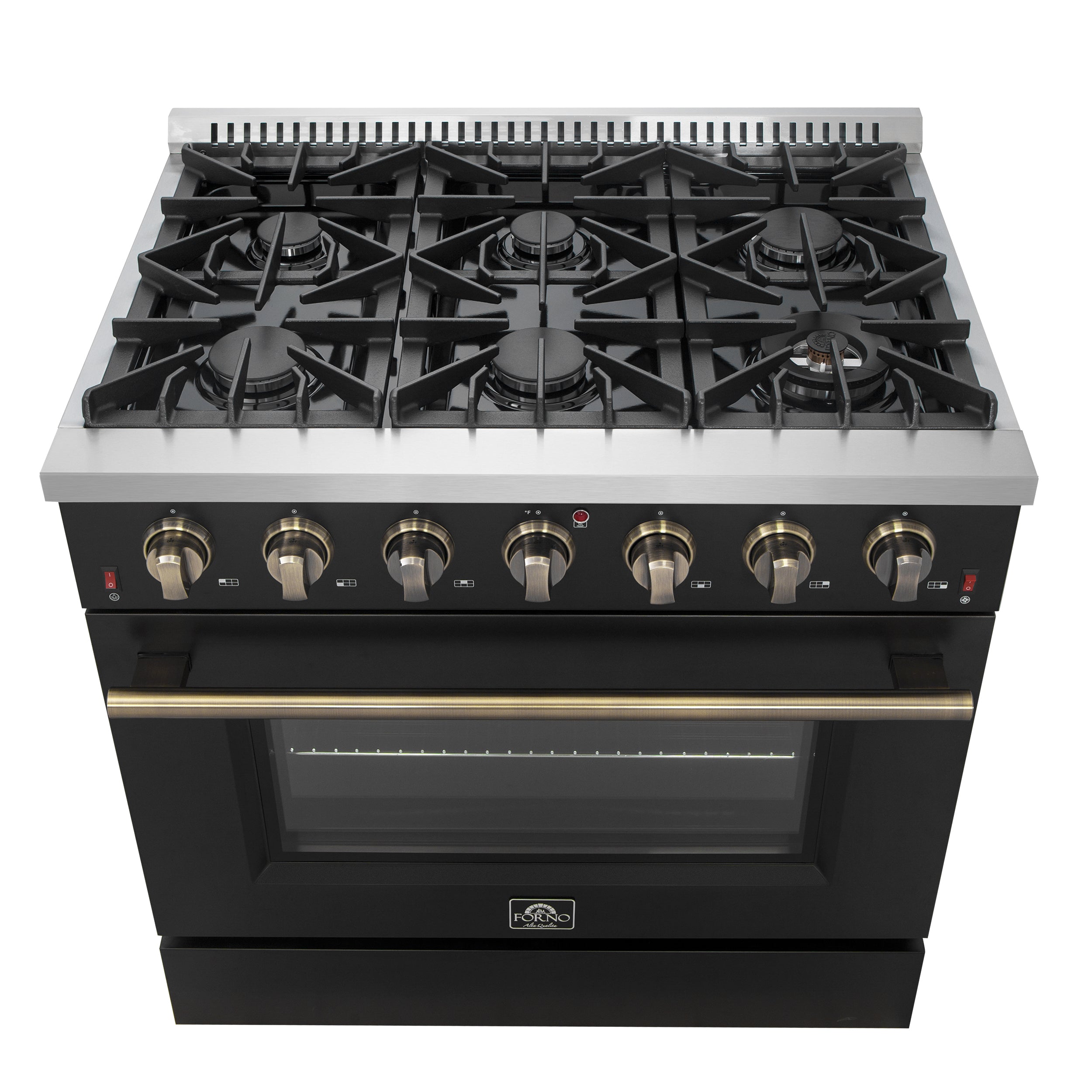 Forno Galiano 36 in. 5.26 cu. ft. 6-Burner Black Gas Range with Antique Brass Accents | FFSGS6244-36BLK