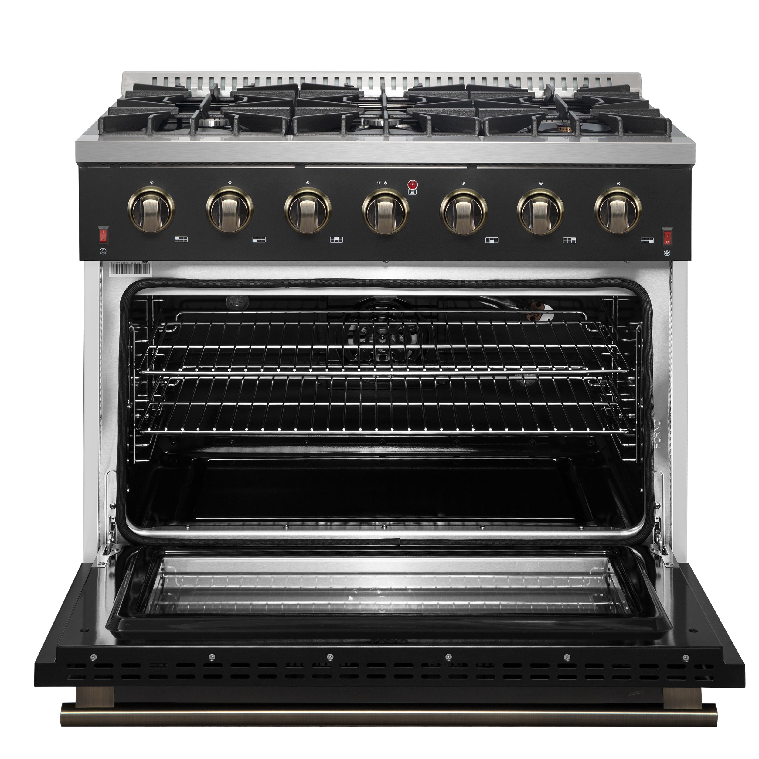 Forno Galiano 36 in. 5.26 cu. ft. 6-Burner Black Gas Range with Antique Brass Accents | FFSGS6244-36BLK