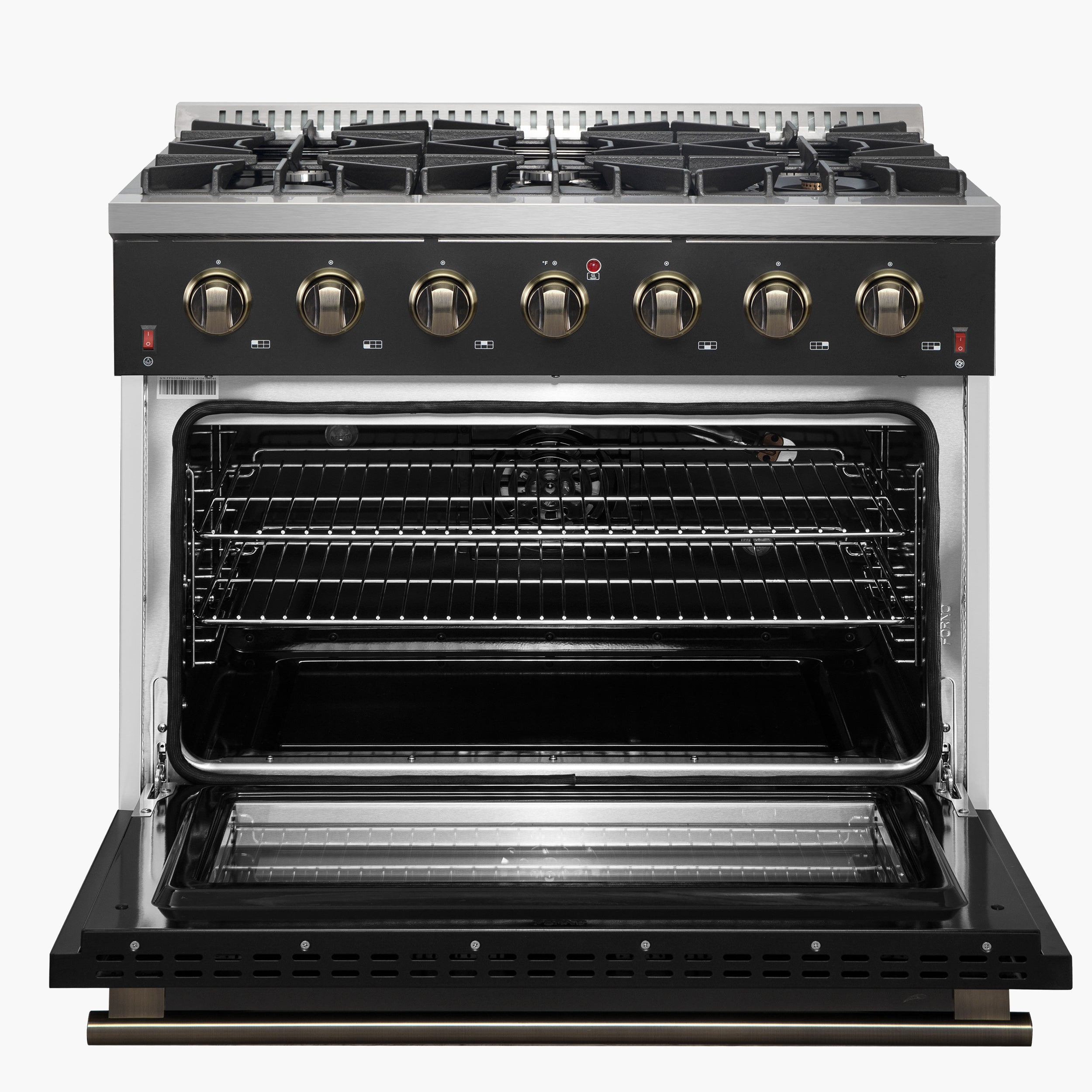 Forno Galiano 36 in. 5.26 cu. ft. 6-Burner Black Gas Range with Antique Brass Accents | FFSGS6244-36BLK