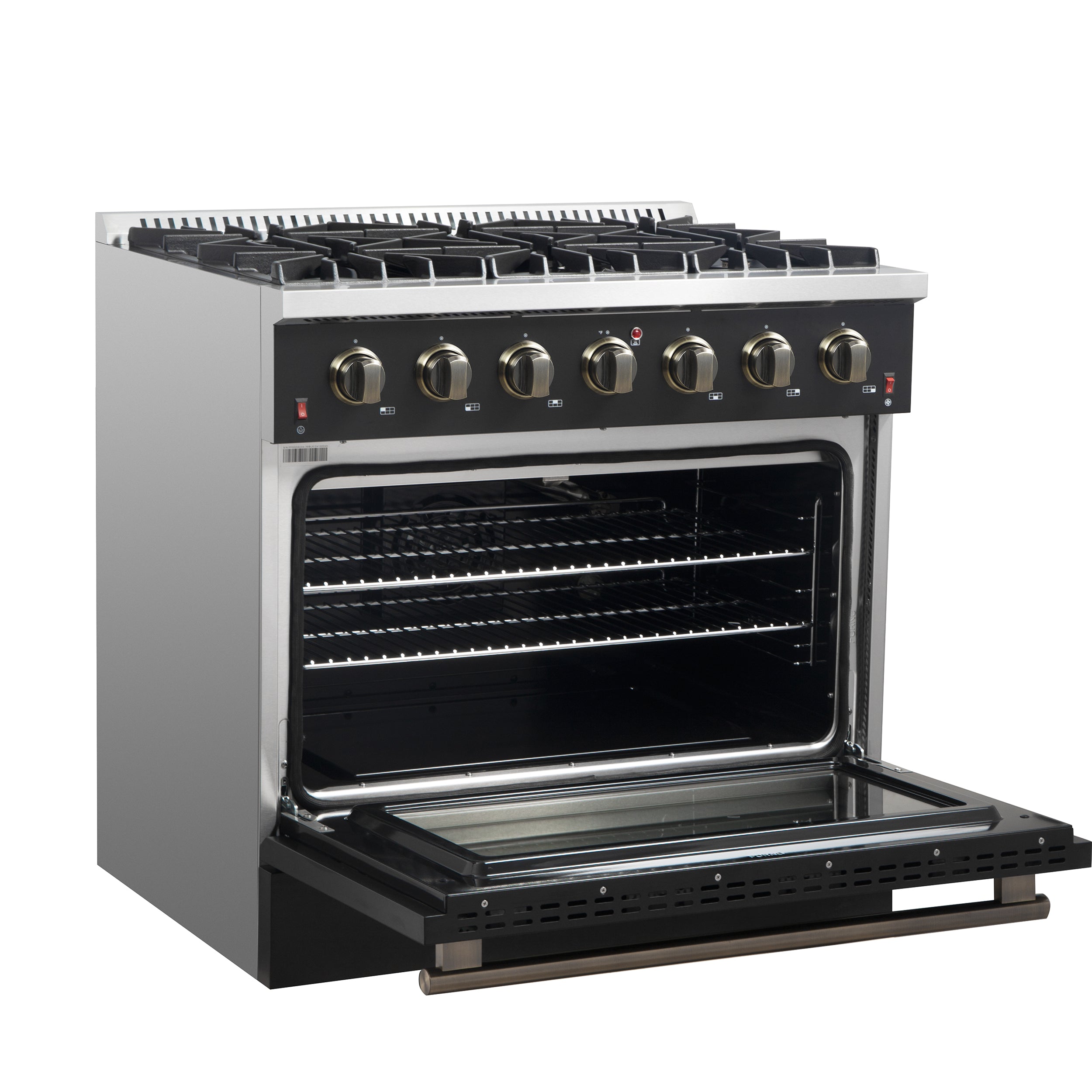 Forno Galiano 36 in. 5.26 cu. ft. 6-Burner Black Gas Range with Antique Brass Accents | FFSGS6244-36BLK