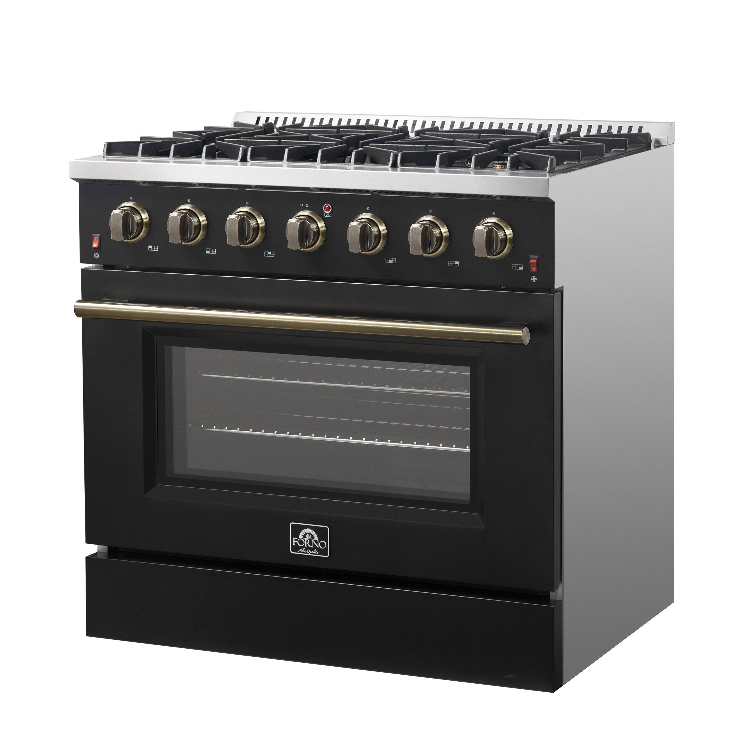 Forno Galiano 36 in. 5.26 cu. ft. 6-Burner Black Gas Range with Antique Brass Accents | FFSGS6244-36BLK