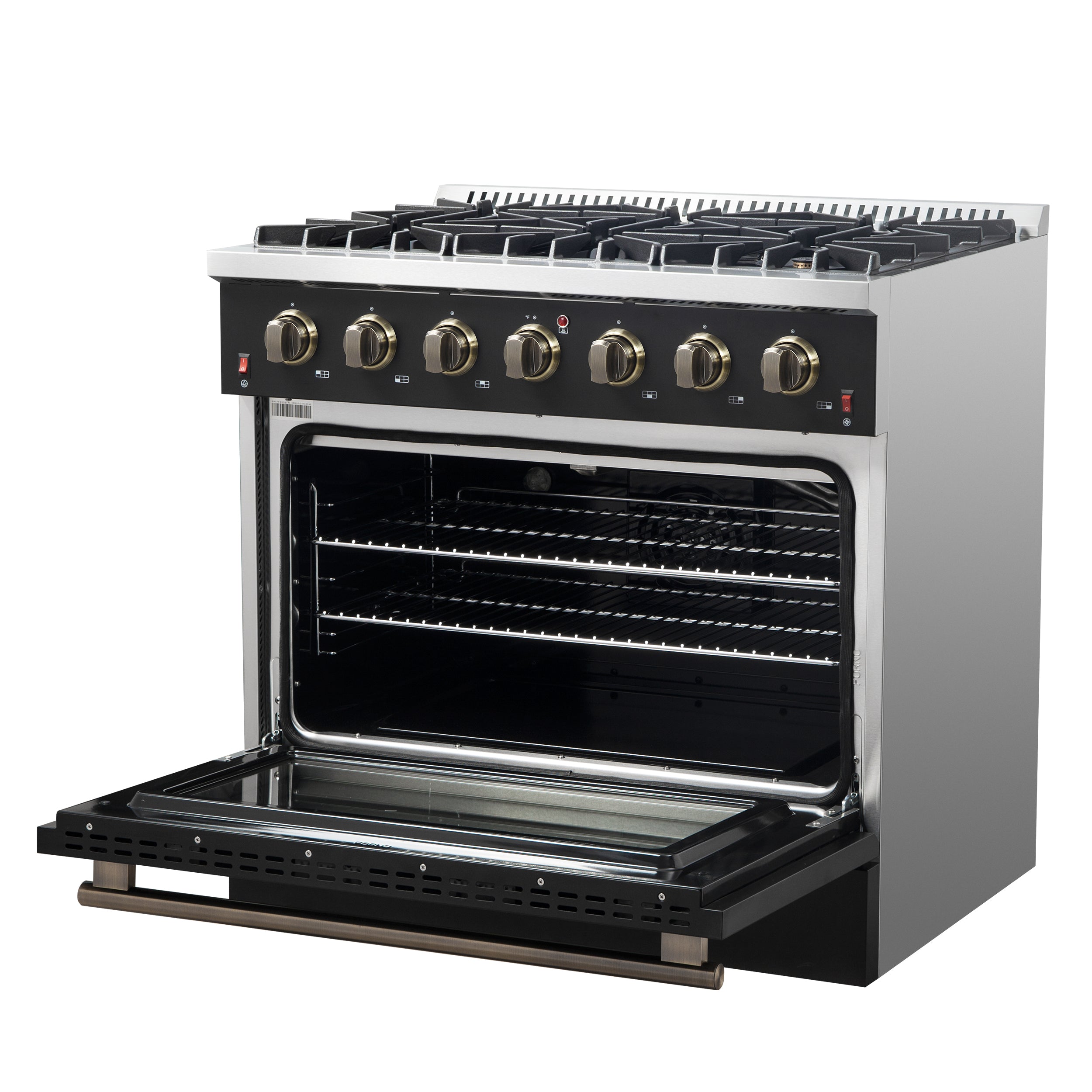 Forno Galiano 36 in. 5.26 cu. ft. 6-Burner Black Gas Range with Antique Brass Accents | FFSGS6244-36BLK