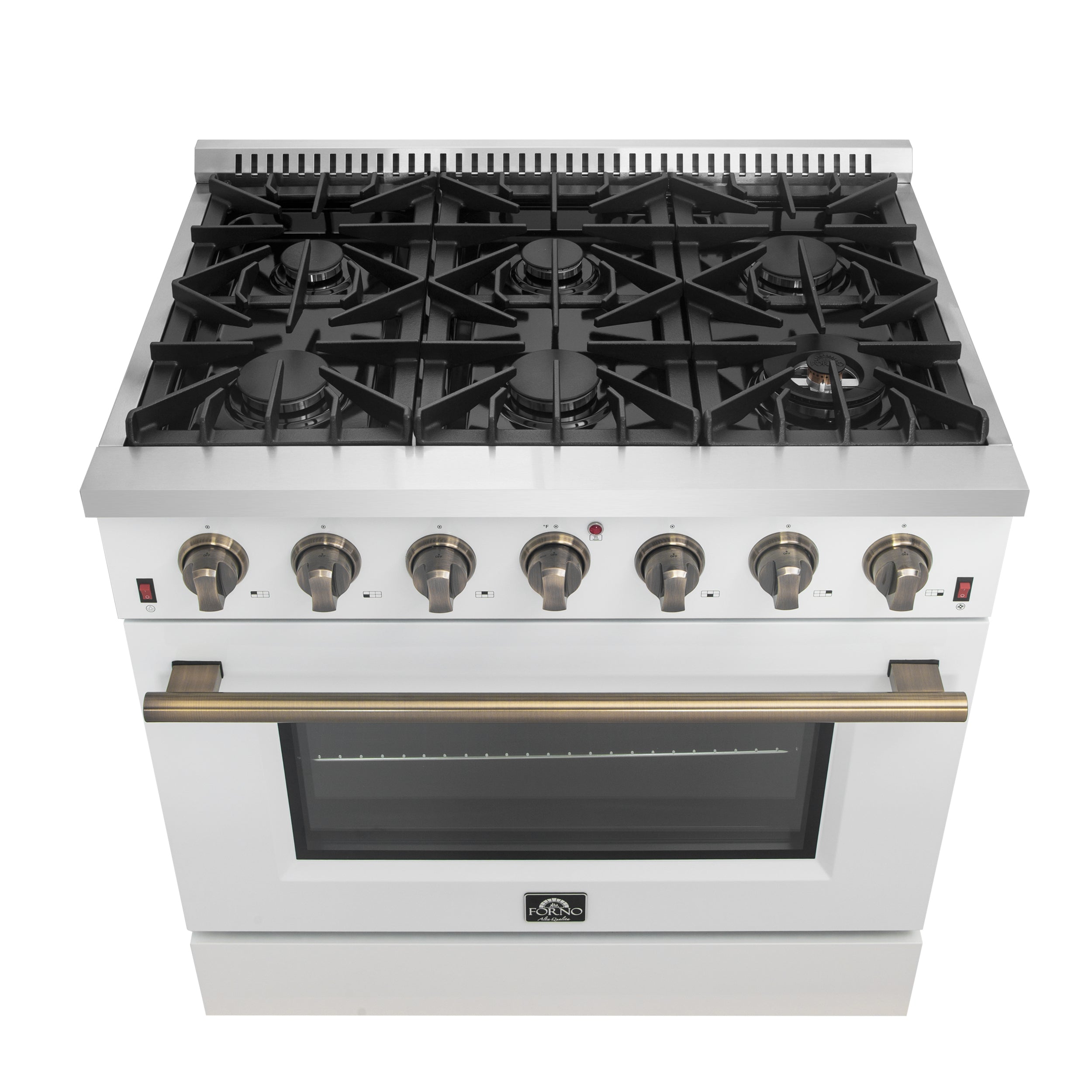 Forno Galiano 36 in. 5.26 cu. ft. 6-Burner White Gas Range with Antique Brass Accents | FFSGS6244-36WHT