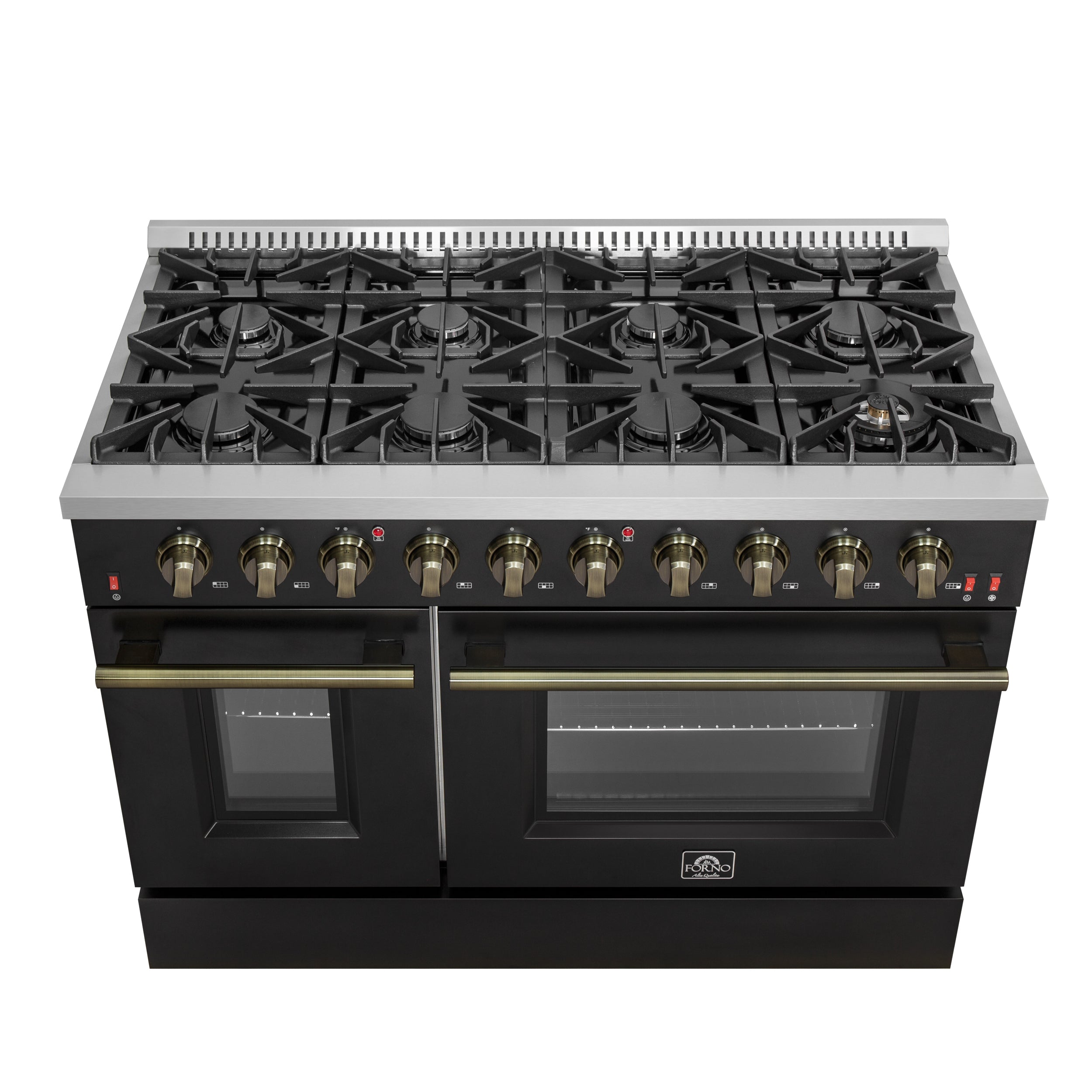 Forno Galiano 48 in. 6.58 cu. ft. 8-Burner Black Gas Range with Antique Brass Accents| FFSGS6244-48BLK