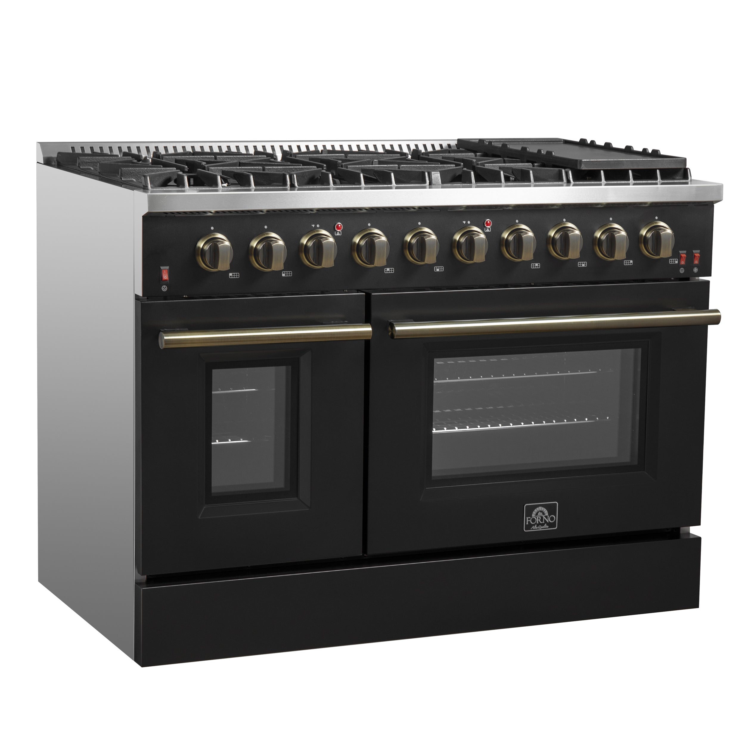 Forno Galiano 48 in. 6.58 cu. ft. 8-Burner Black Gas Range with Antique Brass Accents| FFSGS6244-48BLK