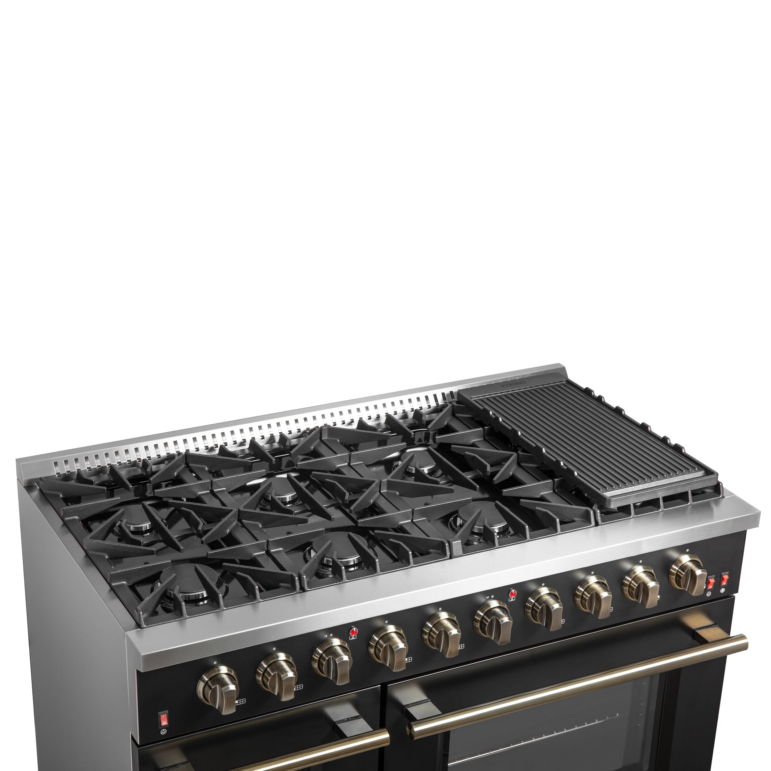 Forno Galiano 48 in. 6.58 cu. ft. 8-Burner Black Gas Range with Antique Brass Accents| FFSGS6244-48BLK