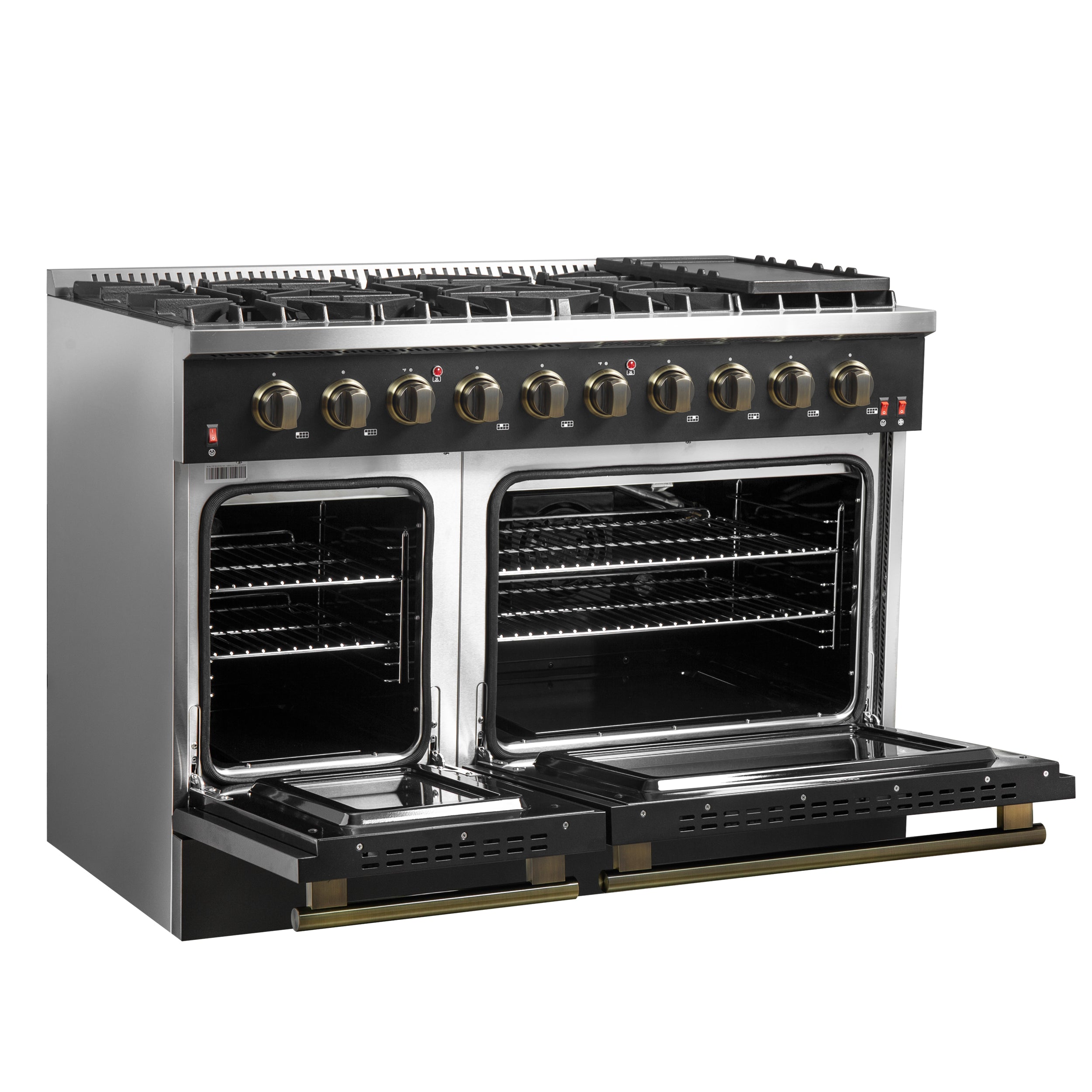 Forno Galiano 48 in. 6.58 cu. ft. 8-Burner Black Gas Range with Antique Brass Accents| FFSGS6244-48BLK