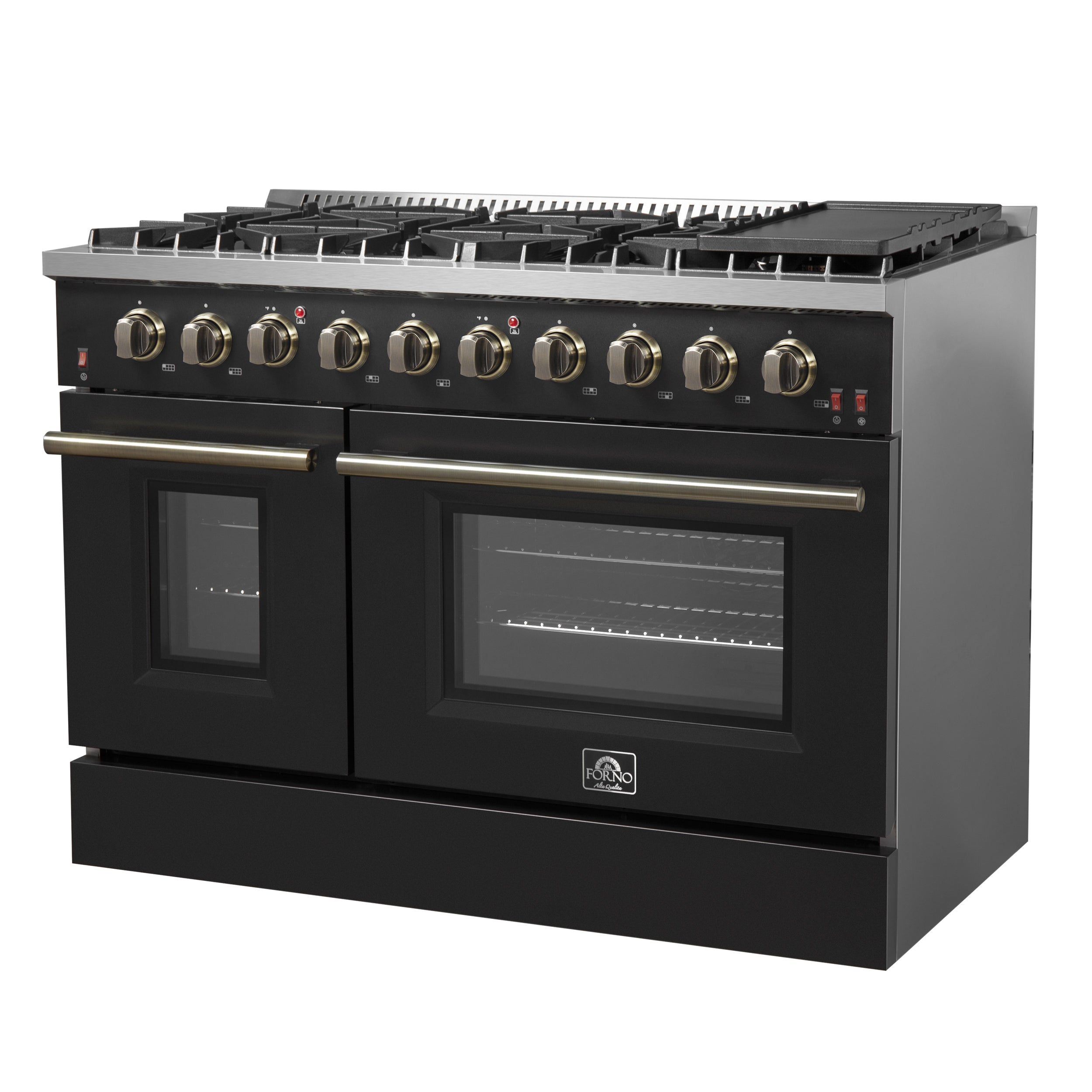 Forno Galiano 48 in. 6.58 cu. ft. 8-Burner Black Gas Range with Antique Brass Accents| FFSGS6244-48BLK