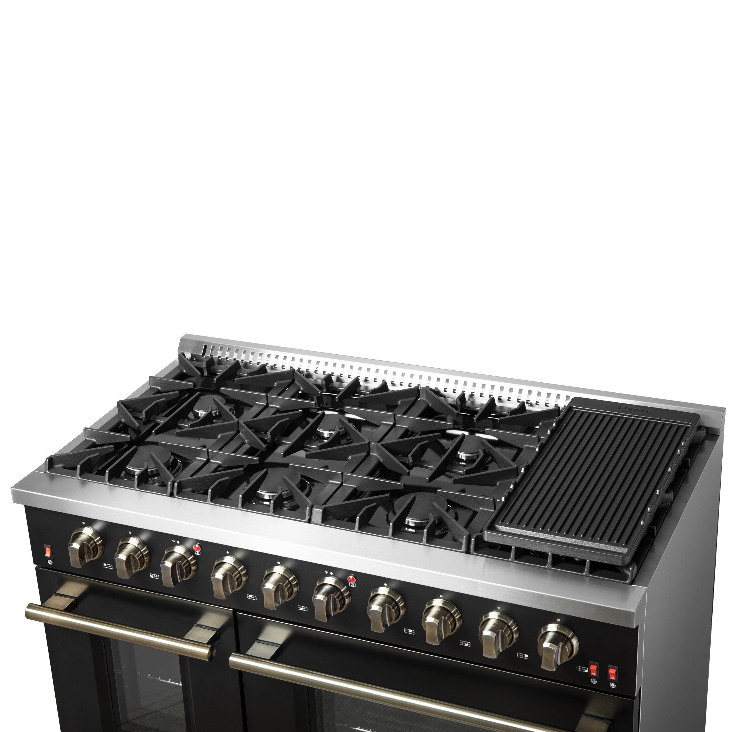 Forno Galiano 48 in. 6.58 cu. ft. 8-Burner Black Gas Range with Antique Brass Accents| FFSGS6244-48BLK