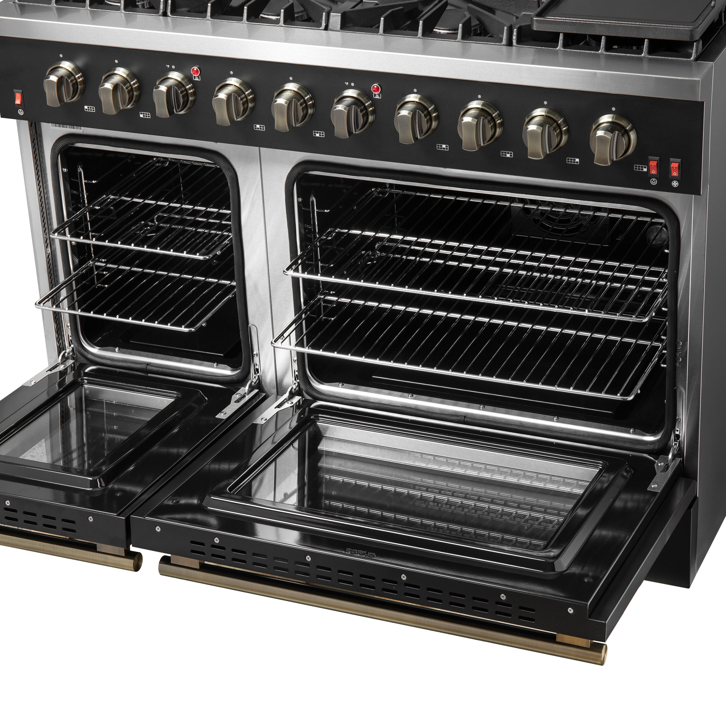 Forno Galiano 48 in. 6.58 cu. ft. 8-Burner Black Gas Range with Antique Brass Accents| FFSGS6244-48BLK