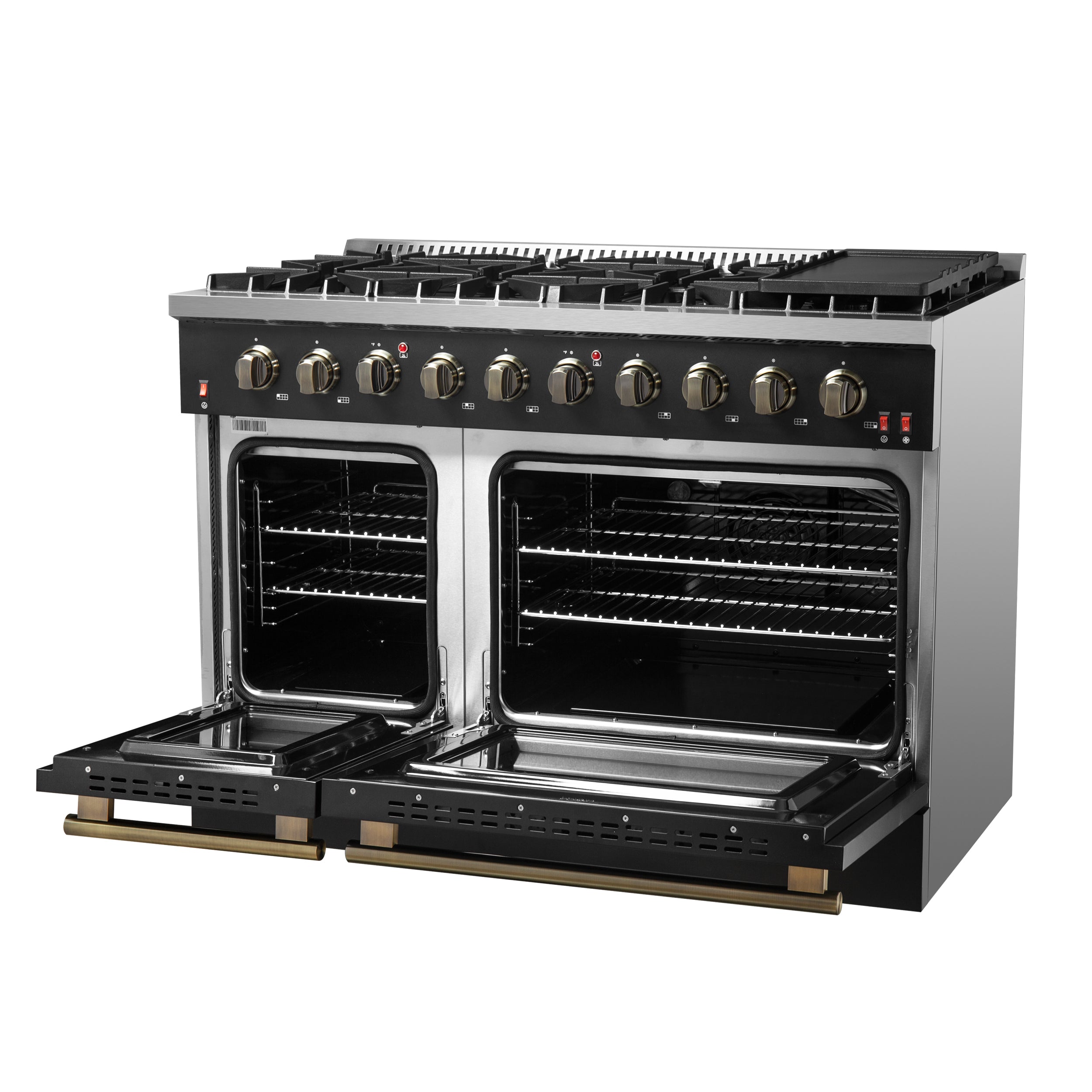 Forno Galiano 48 in. 6.58 cu. ft. 8-Burner Black Gas Range with Antique Brass Accents| FFSGS6244-48BLK