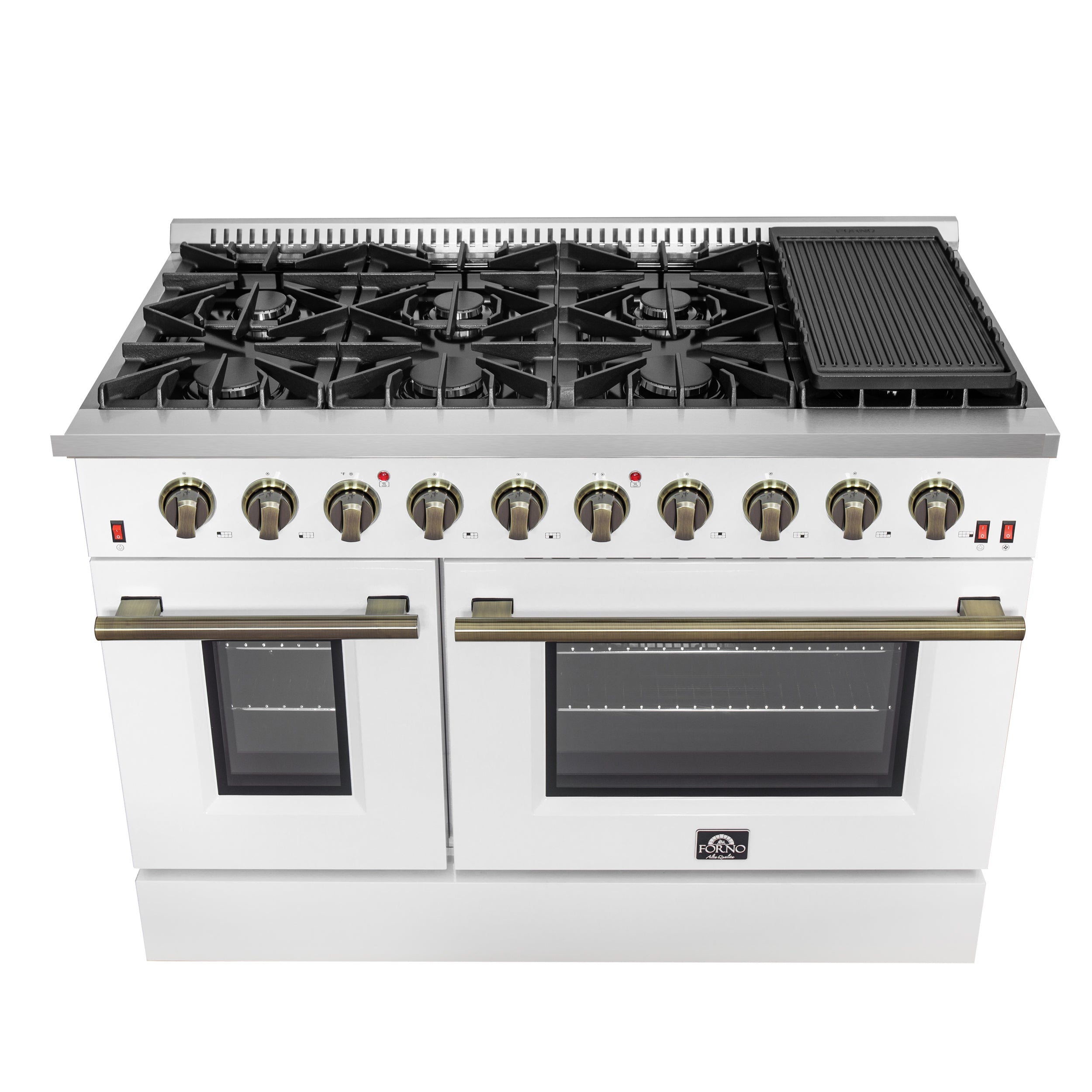 Forno Galiano 48 in. 6.58 cu. ft. 8-Burner White Gas Range with Antique Brass Accents| FFSGS6244-48WHT