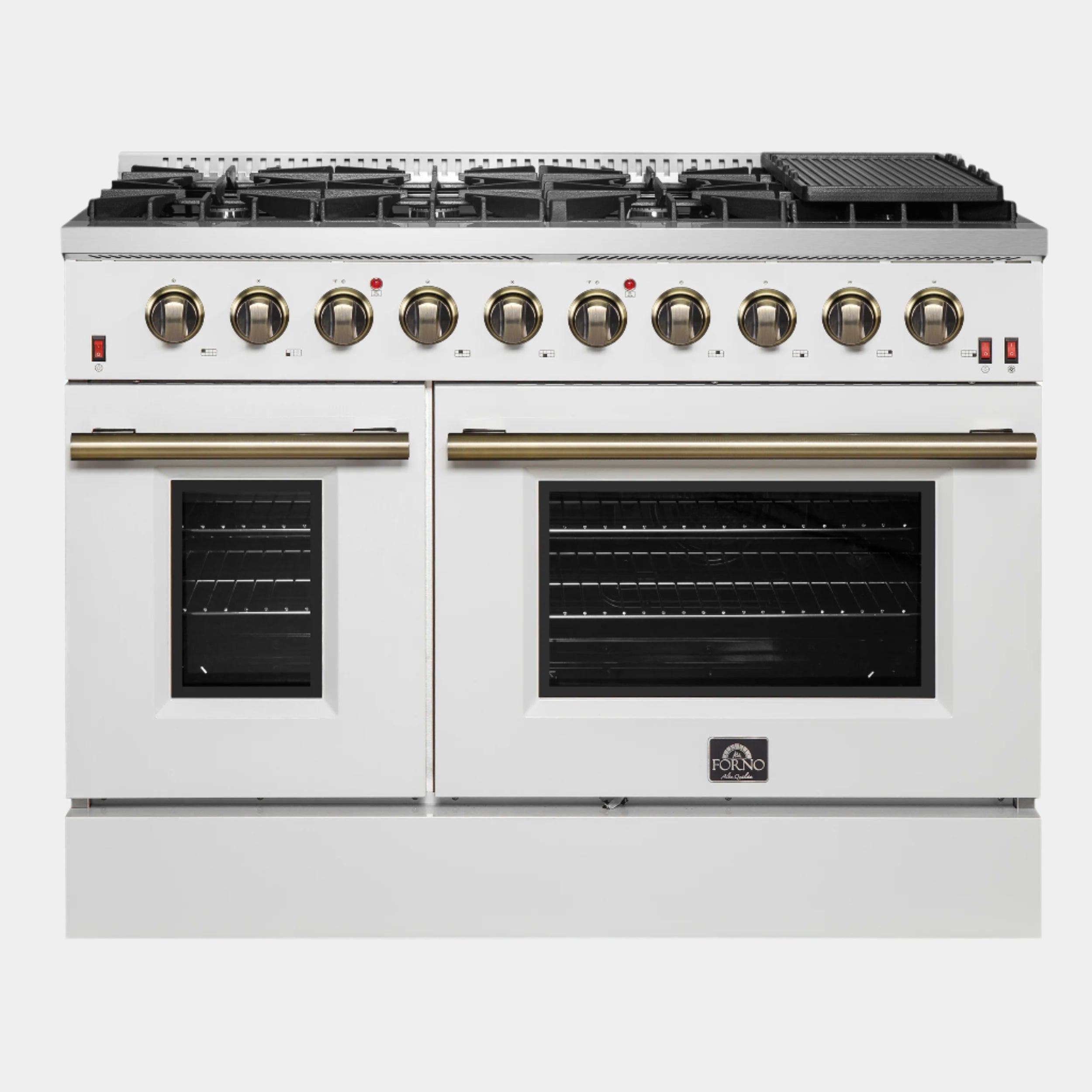 Forno Galiano 48 in. 6.58 cu. ft. 8-Burner White Gas Range with Antique Brass Accents| FFSGS6244-48WHT
