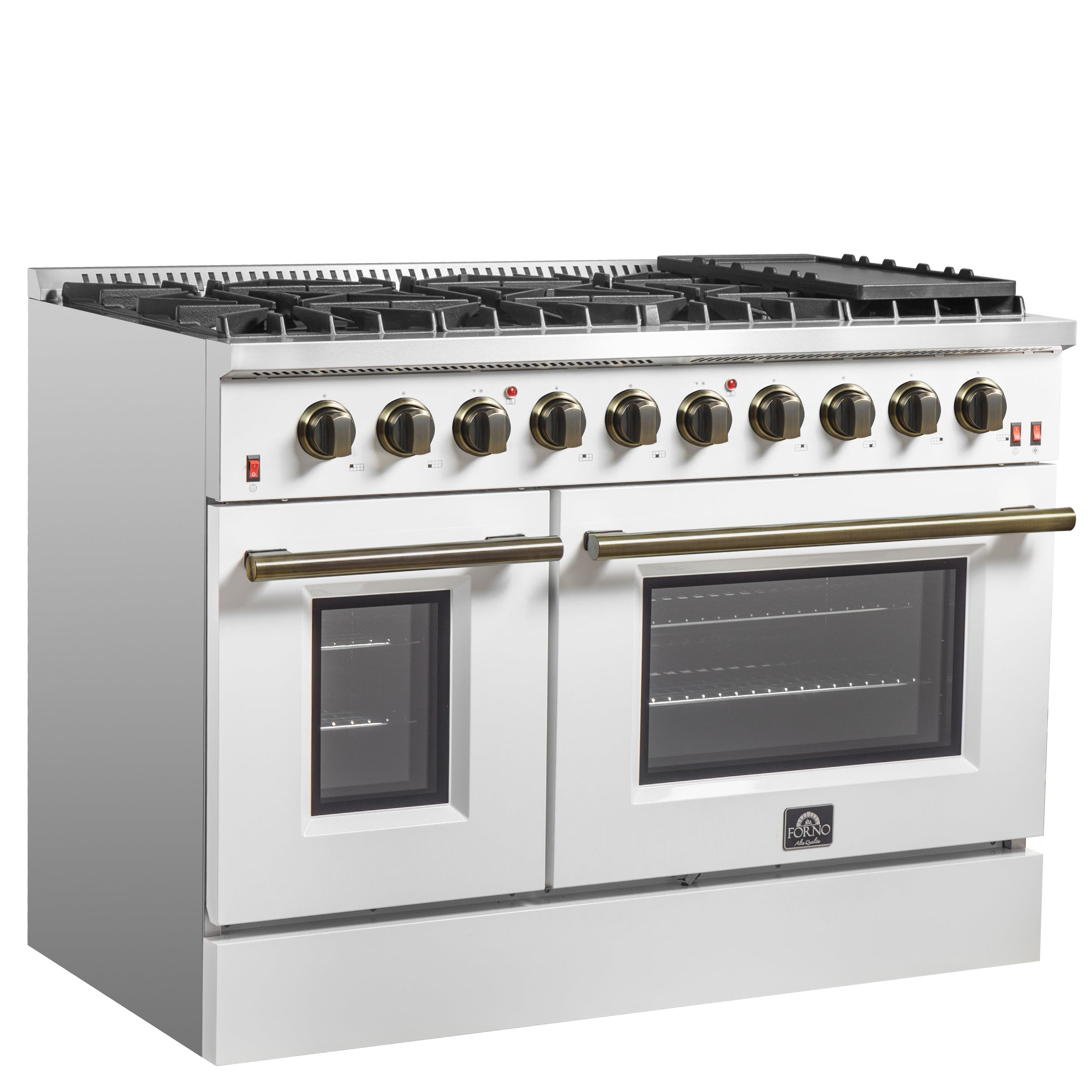 Forno Galiano 48 in. 6.58 cu. ft. 8-Burner White Gas Range with Antique Brass Accents| FFSGS6244-48WHT